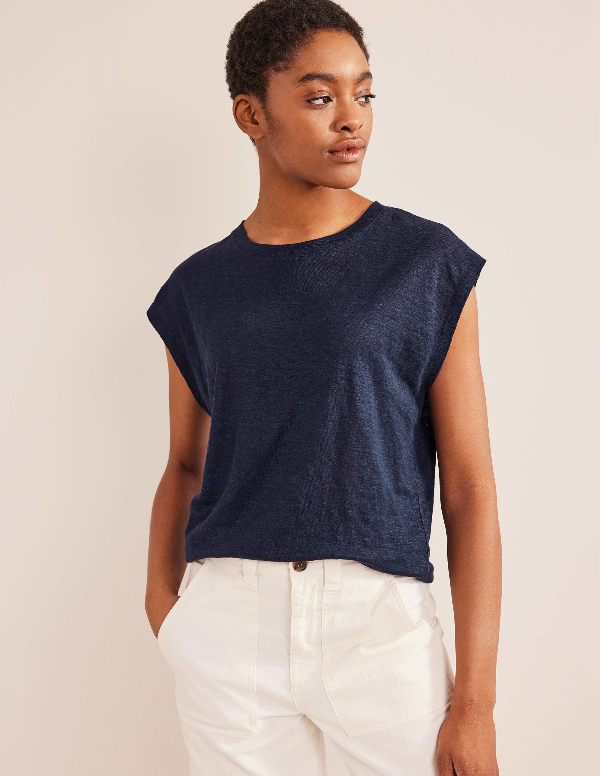 T-shirt col rond en lin-Bleu marine - Image 4