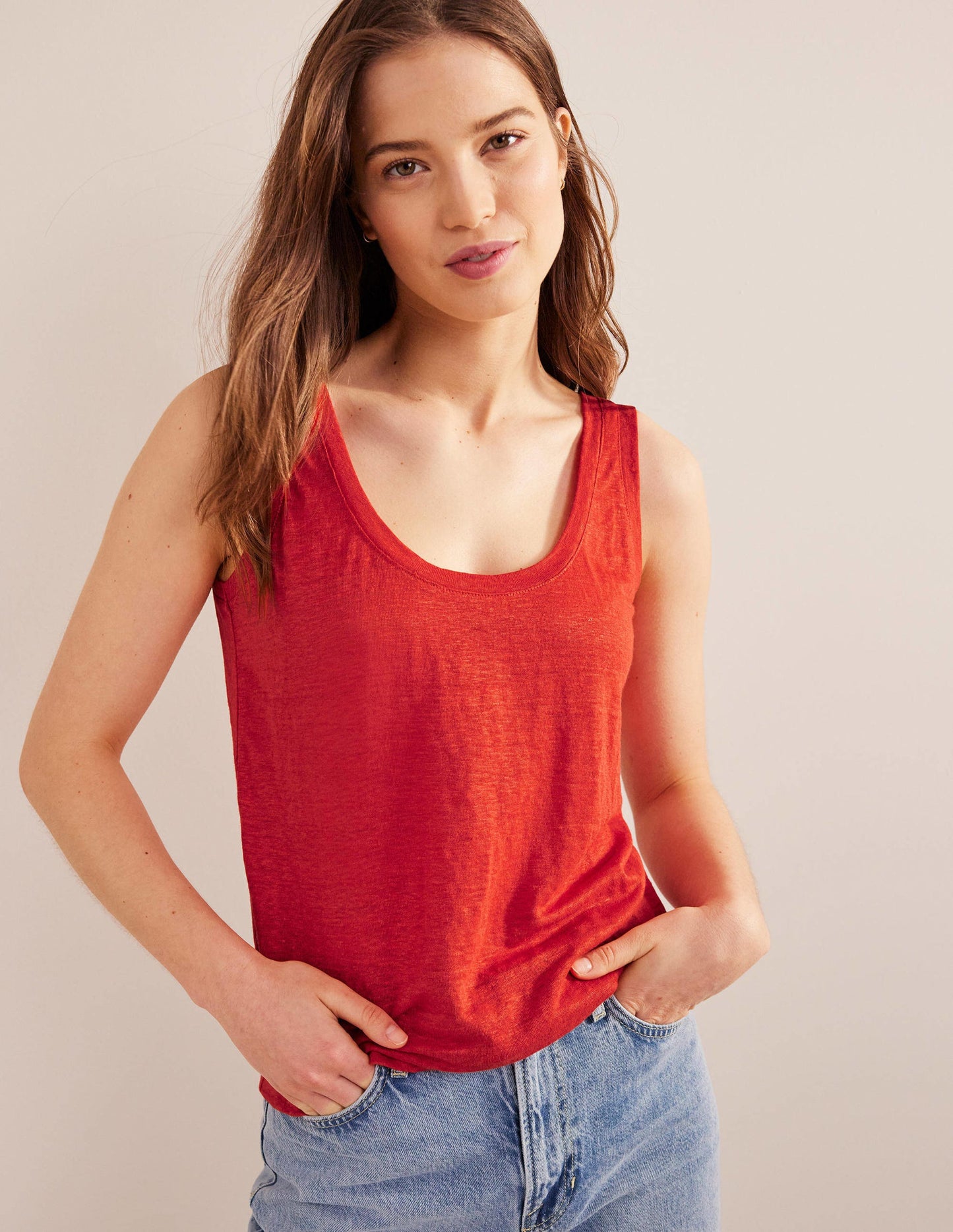 Scoop Neck Linen Tank Top-Tomato