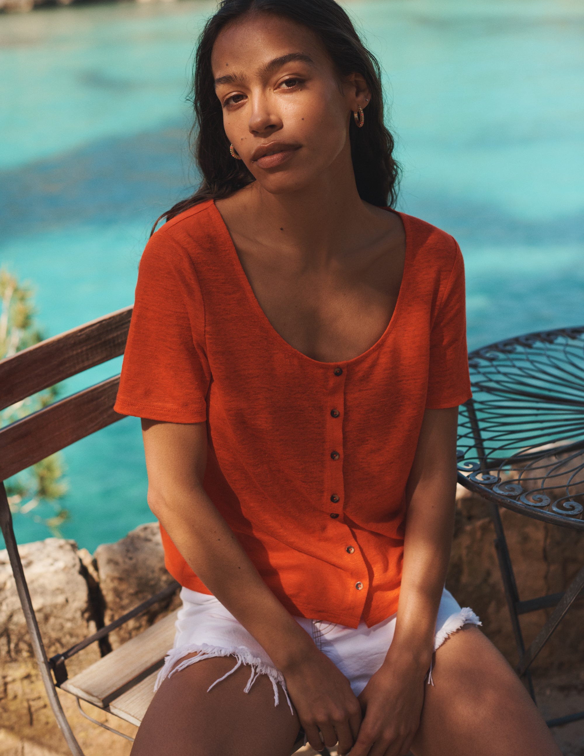 Scoop Neck Linen T-shirt-Blood Orange - Image 5