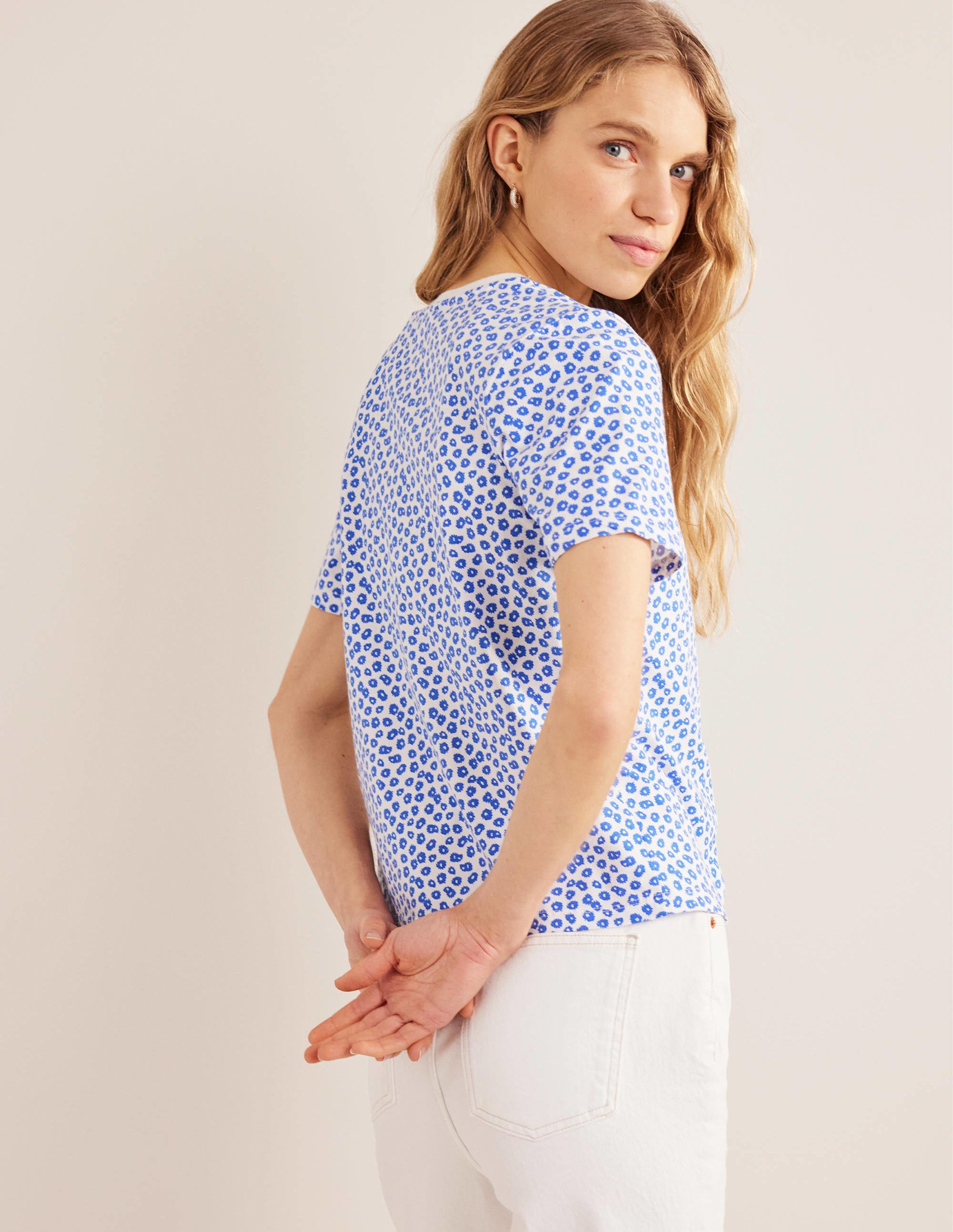Printed Crew Neck T-Shirt-Ivory, Peony Stamp - Image 3