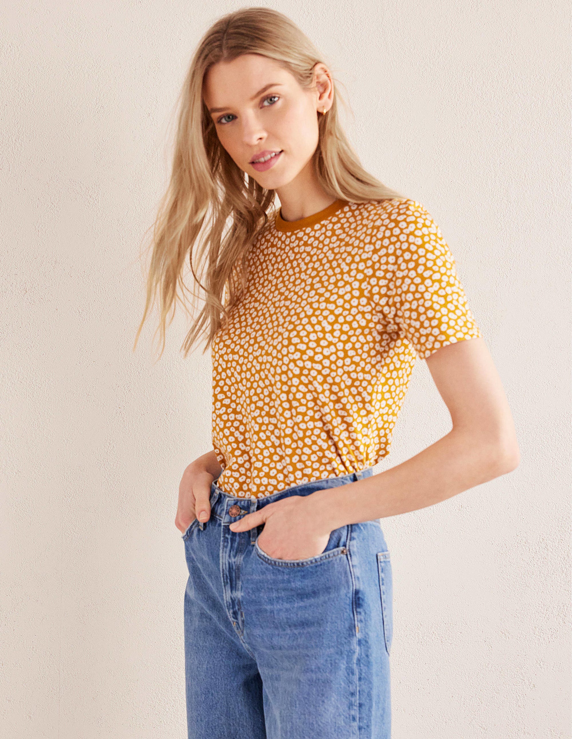 Printed Crew Neck T-Shirt-Harvest Gold, Peony Stamp - Image 4