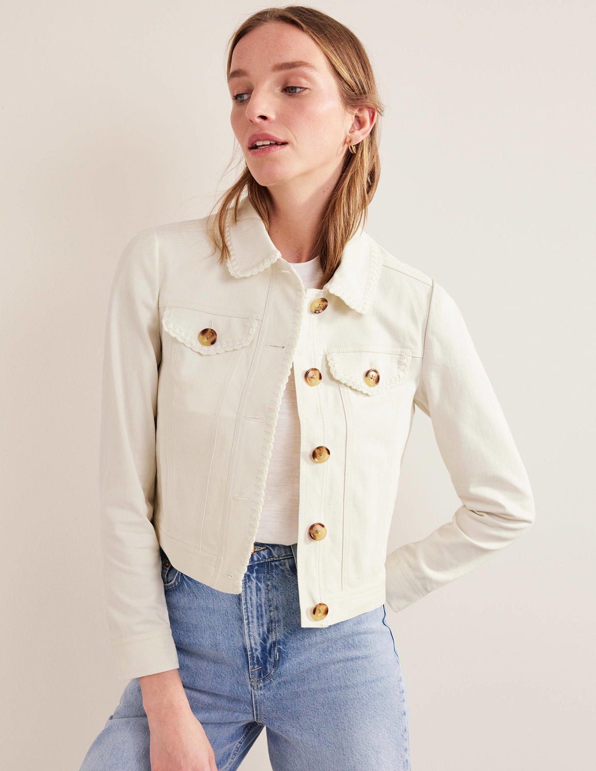 Jeansjacke mit Häkelborten-Ecru - Image 4