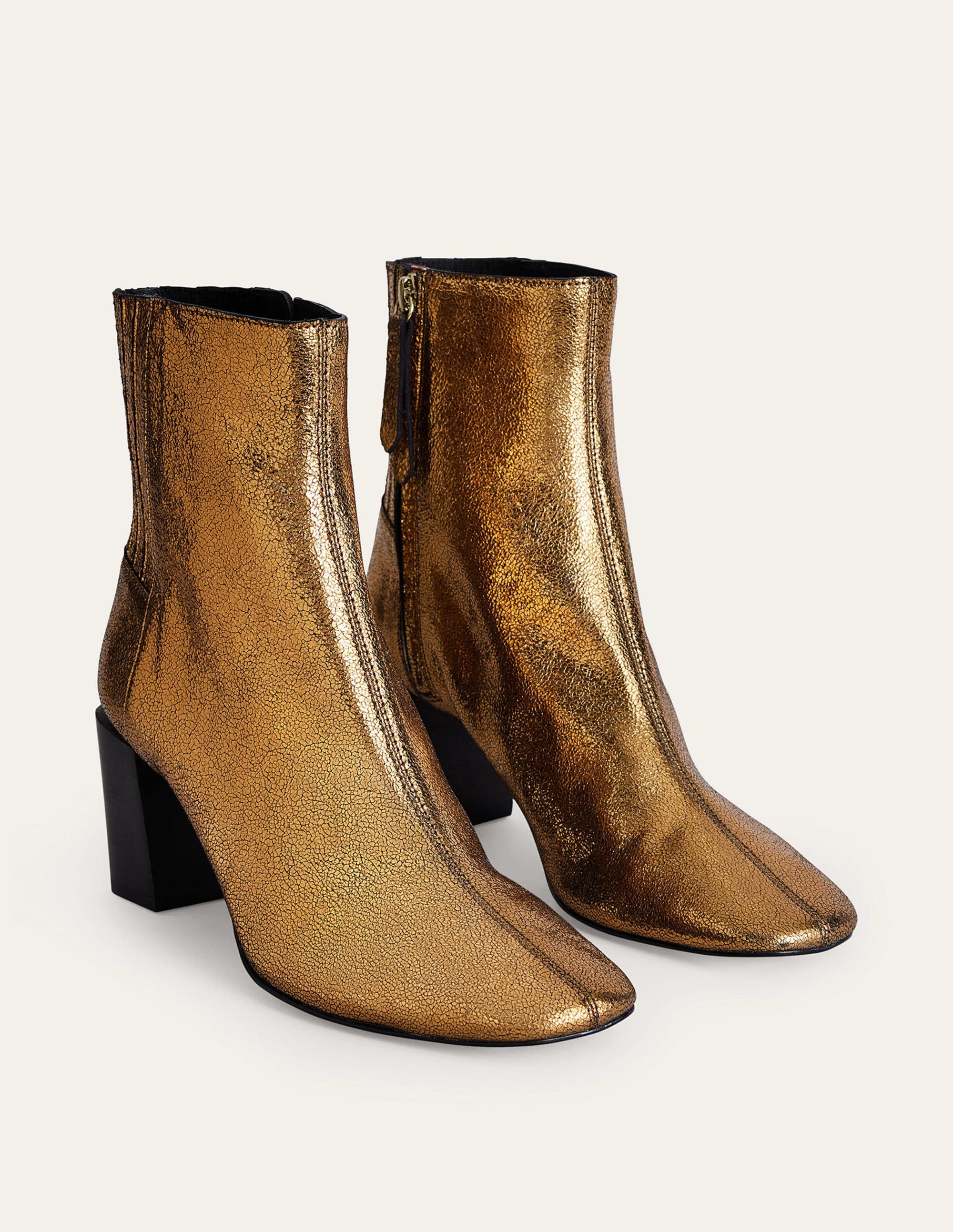 Bottines à talons carrés en cuir-Cuir doré métallisé froissé - Image 3