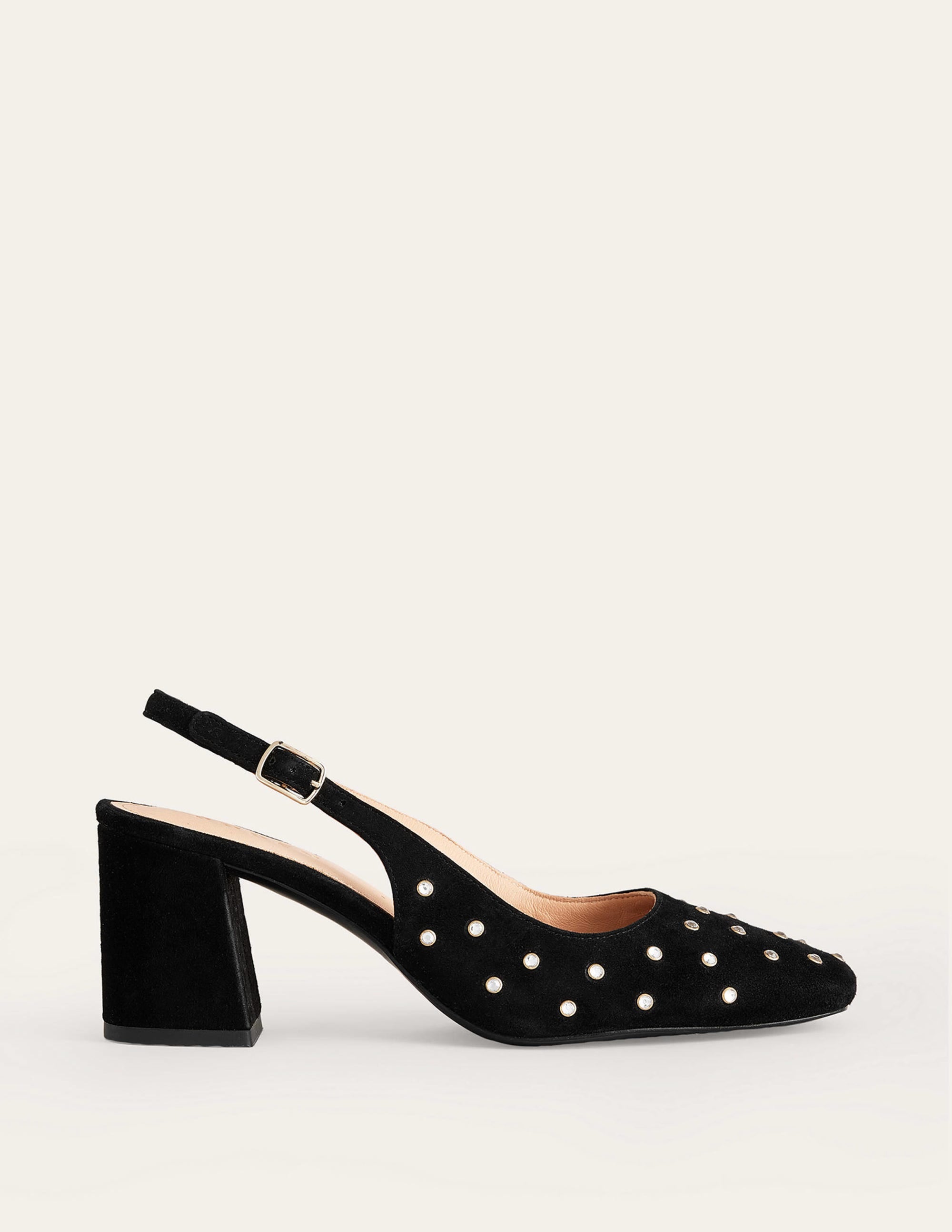 Escarpins à bride arrière et talons mi-hauts-Daim noir, strass - Image 2