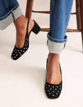 Escarpins à bride arrière et talons mi-hauts-Daim noir, strass