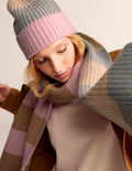 Colour Block Beanie Hat-Grey Marl, Pink and Ivory