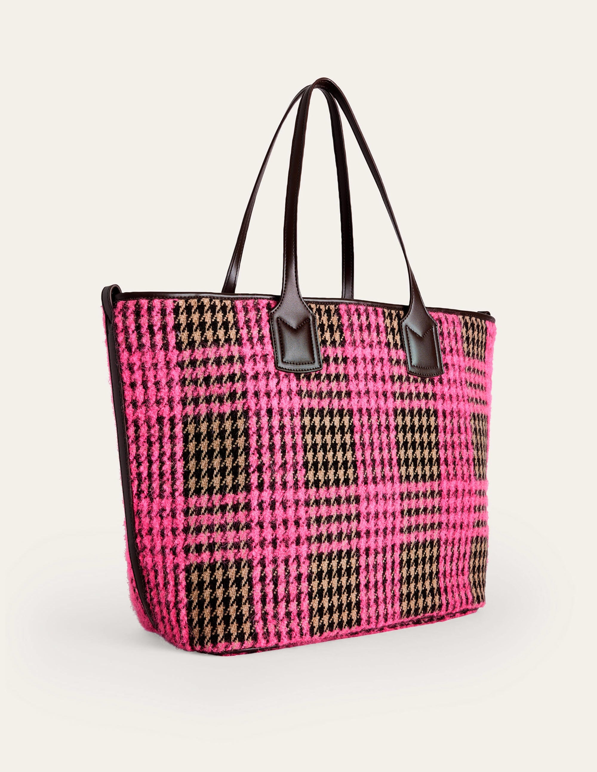 Sac cabas trapèze en laine-Carreaux bouclé rose - Image 3
