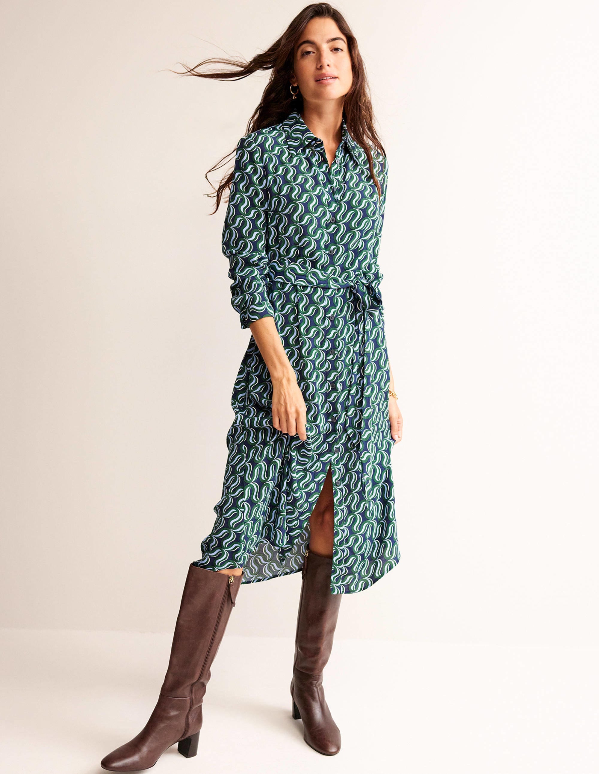 Robe-chemise midi Kate-Vert amazonien, motif Ribbon Wave - Image 1