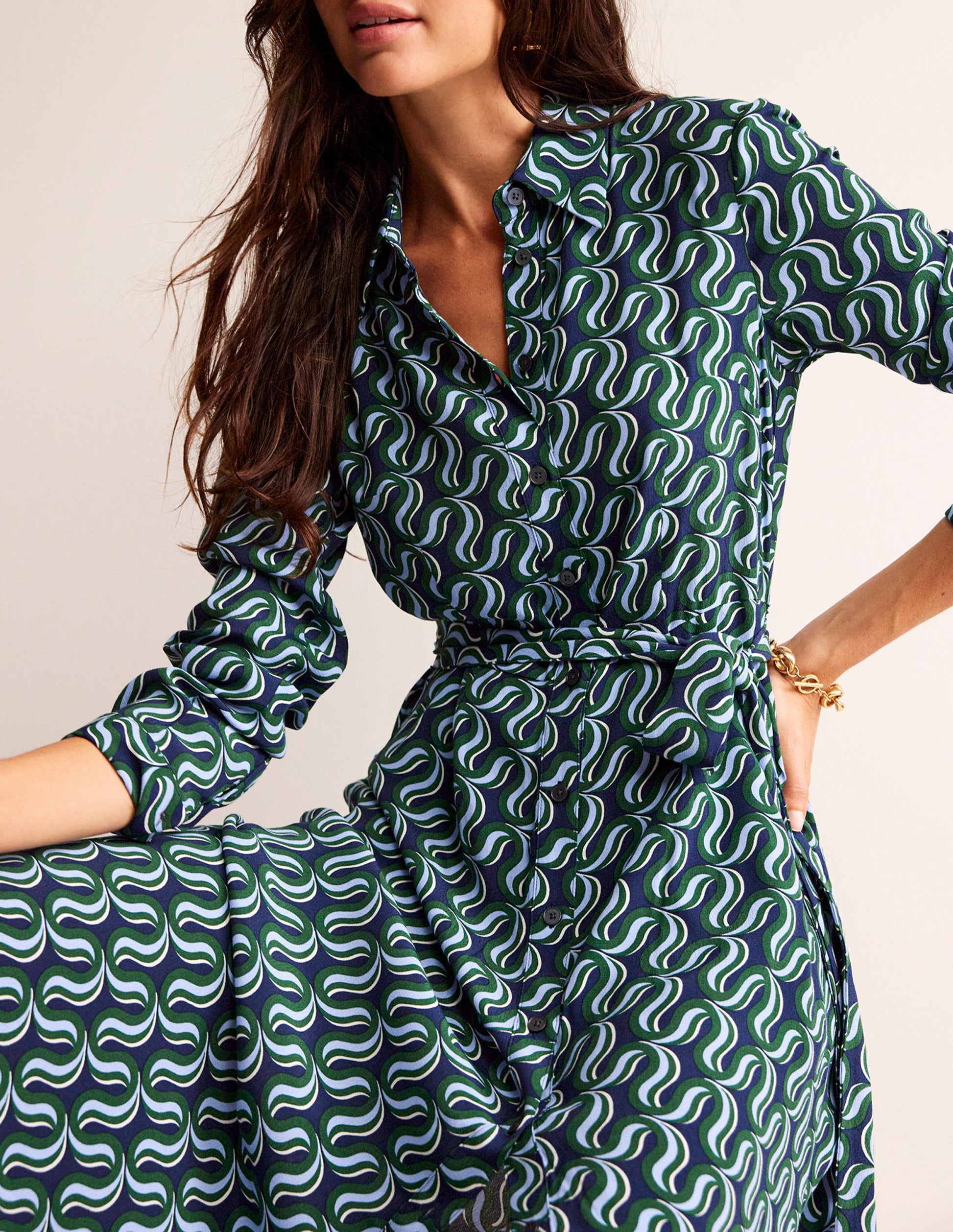 Robe-chemise midi Kate-Vert amazonien, motif Ribbon Wave-2