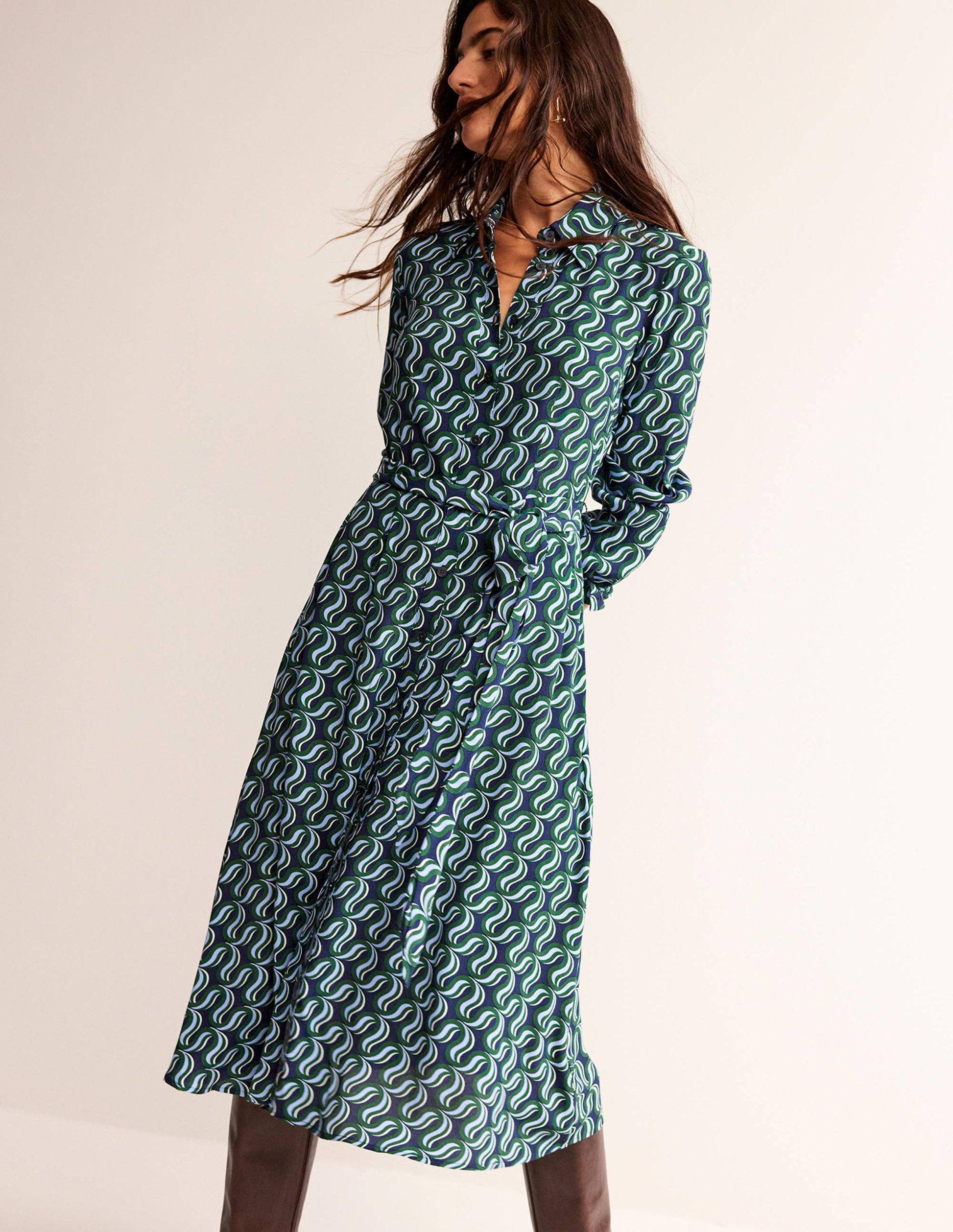 Robe-chemise midi Kate-Vert amazonien, motif Ribbon Wave-4