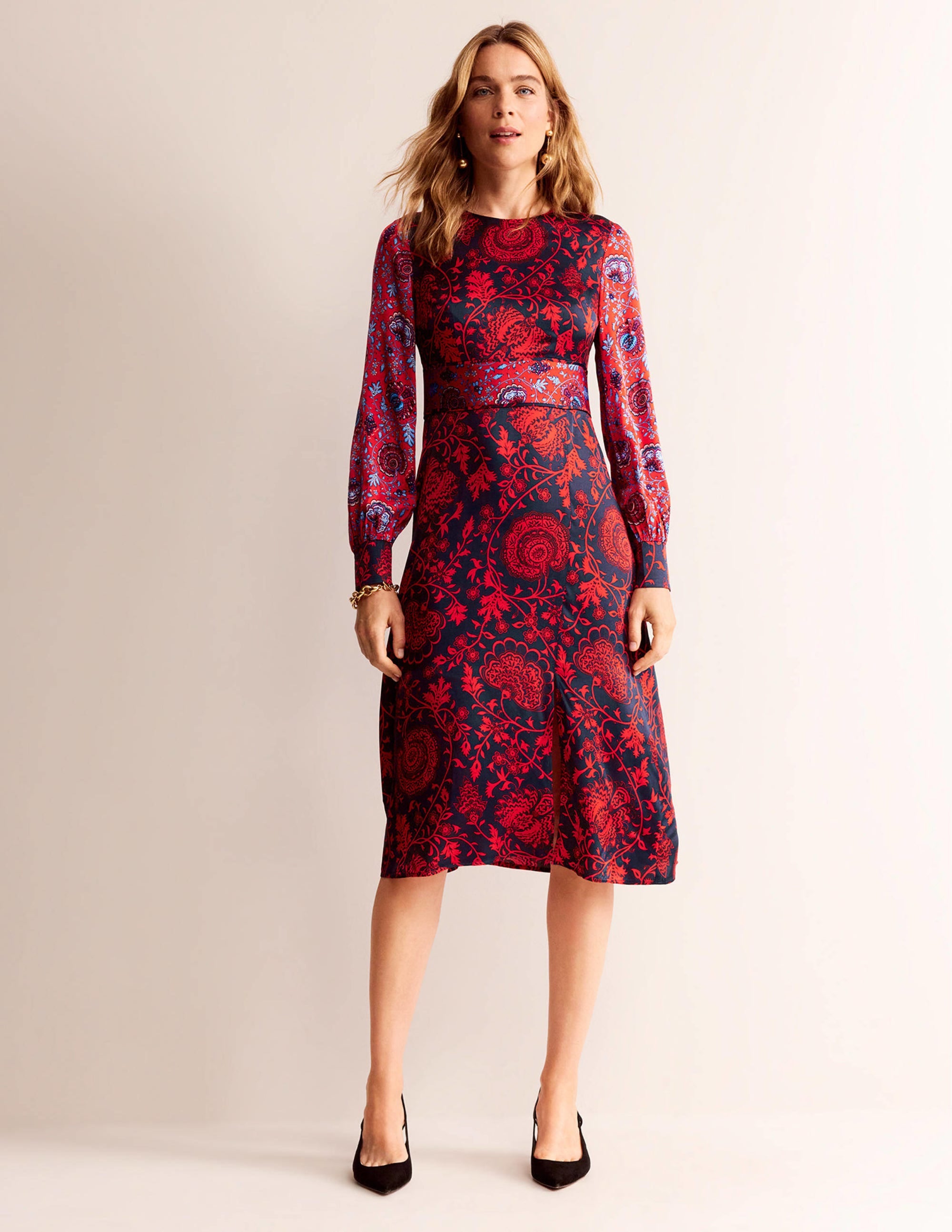 Robe midi à détails passepoilés-Bleu marine, motif Gardenia - Image 1