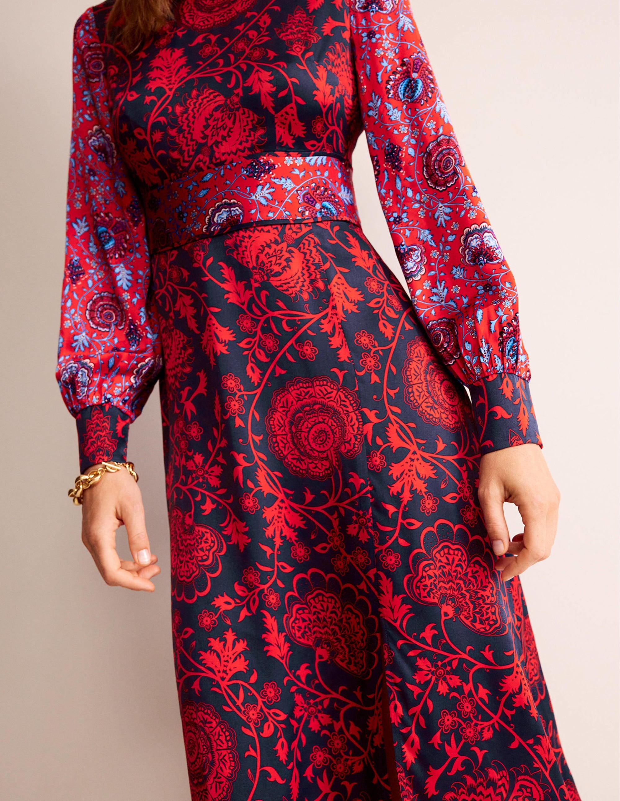 Robe midi à détails passepoilés-Bleu marine, motif Gardenia - Image 2