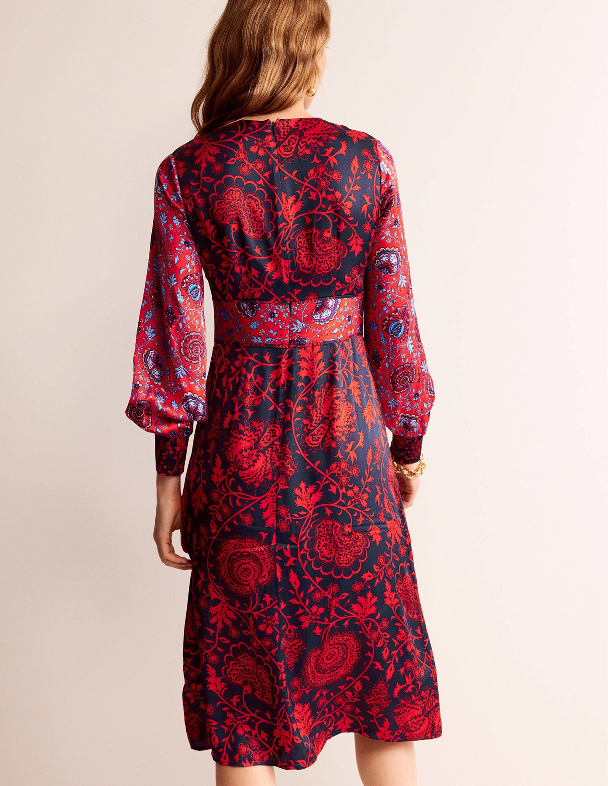 Robe midi à détails passepoilés-Bleu marine, motif Gardenia - Image 3