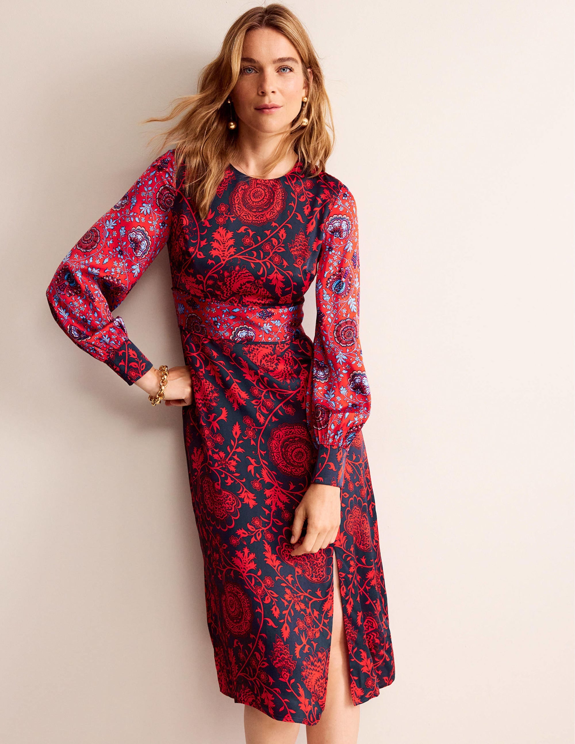 Robe midi à détails passepoilés-Bleu marine, motif Gardenia - Image 4