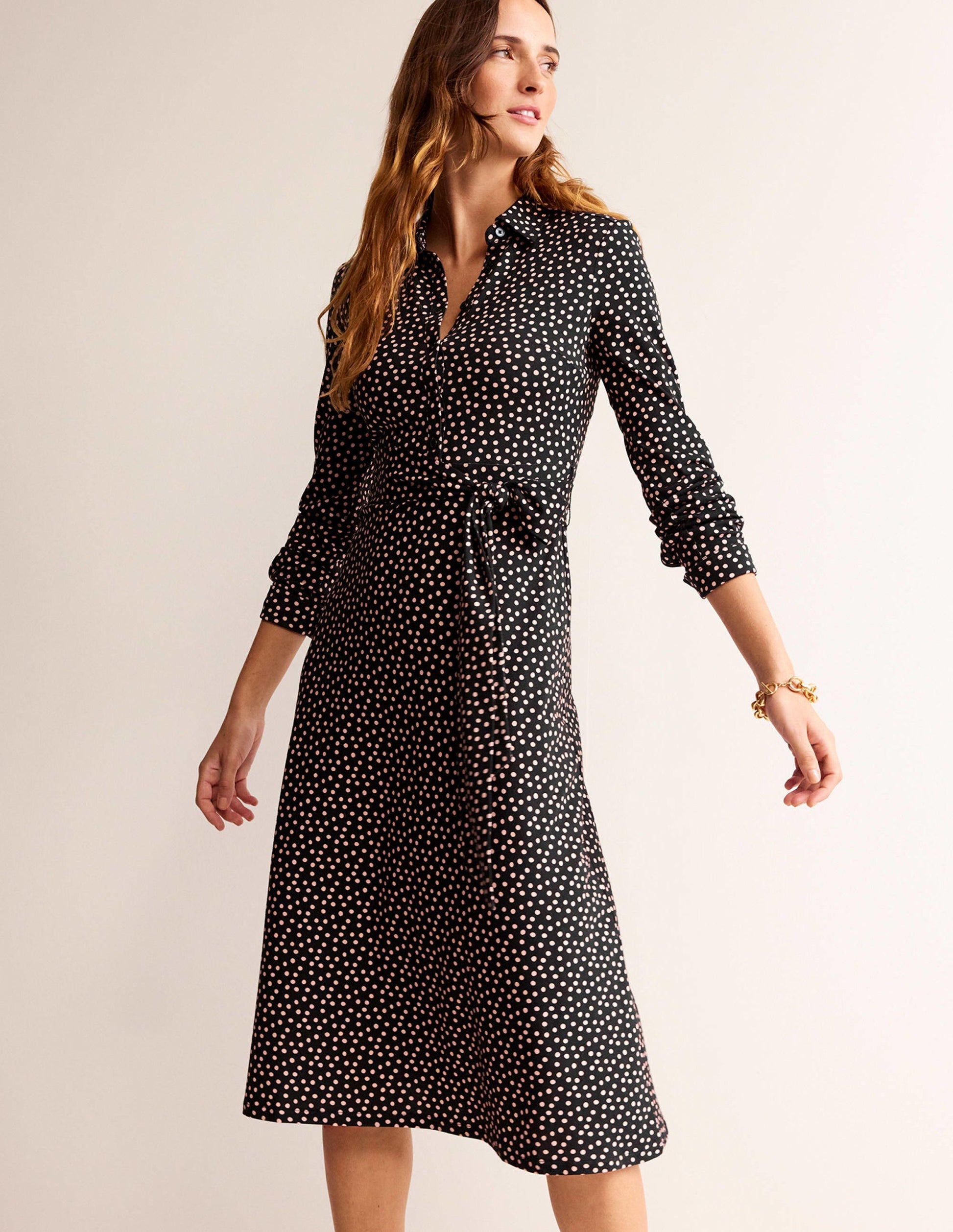 Robe-chemise midi Laura en jersey-Noir, motif pois abstrait-1