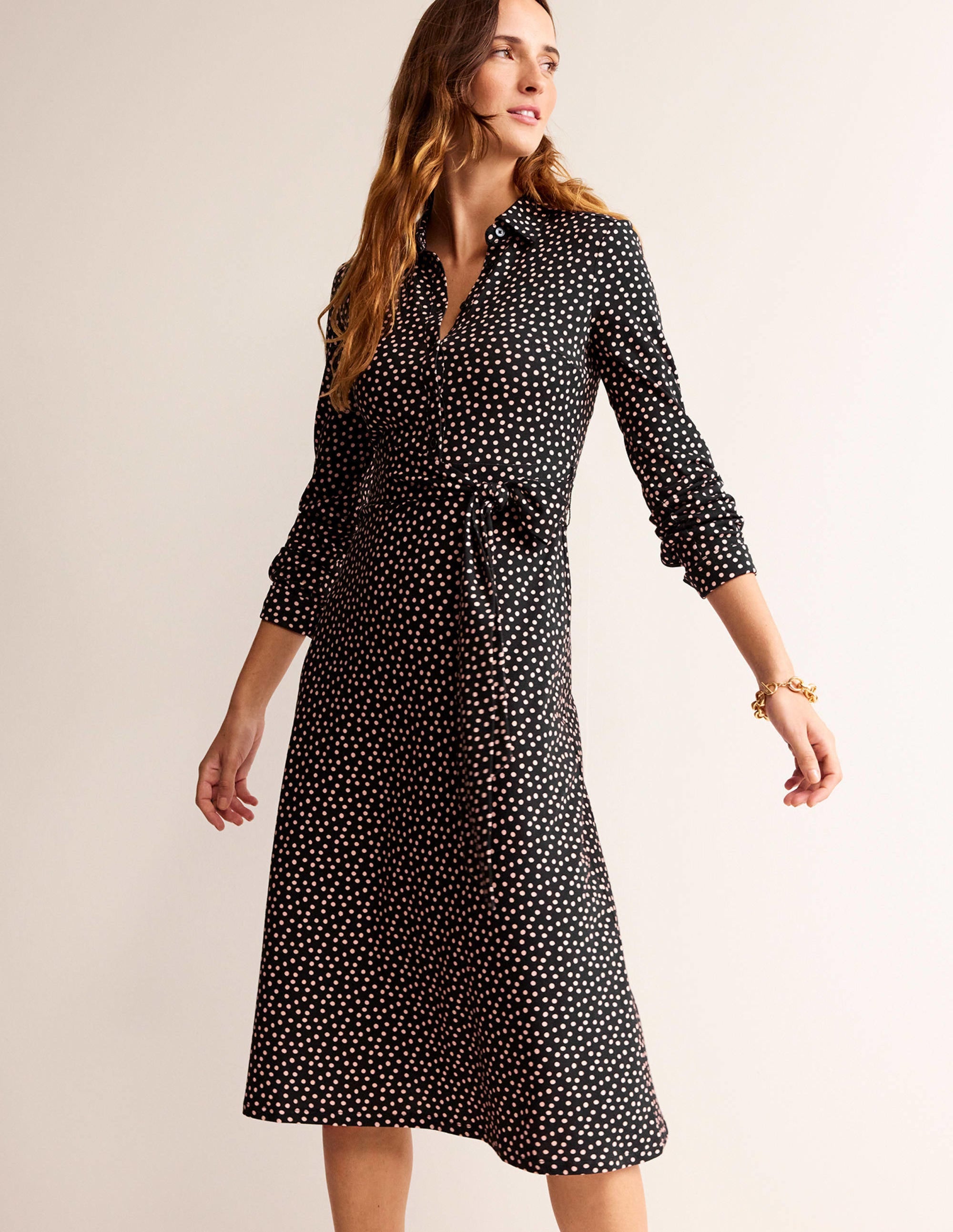 Robe-chemise midi Laura en jersey-Noir, motif pois abstrait - Image 1