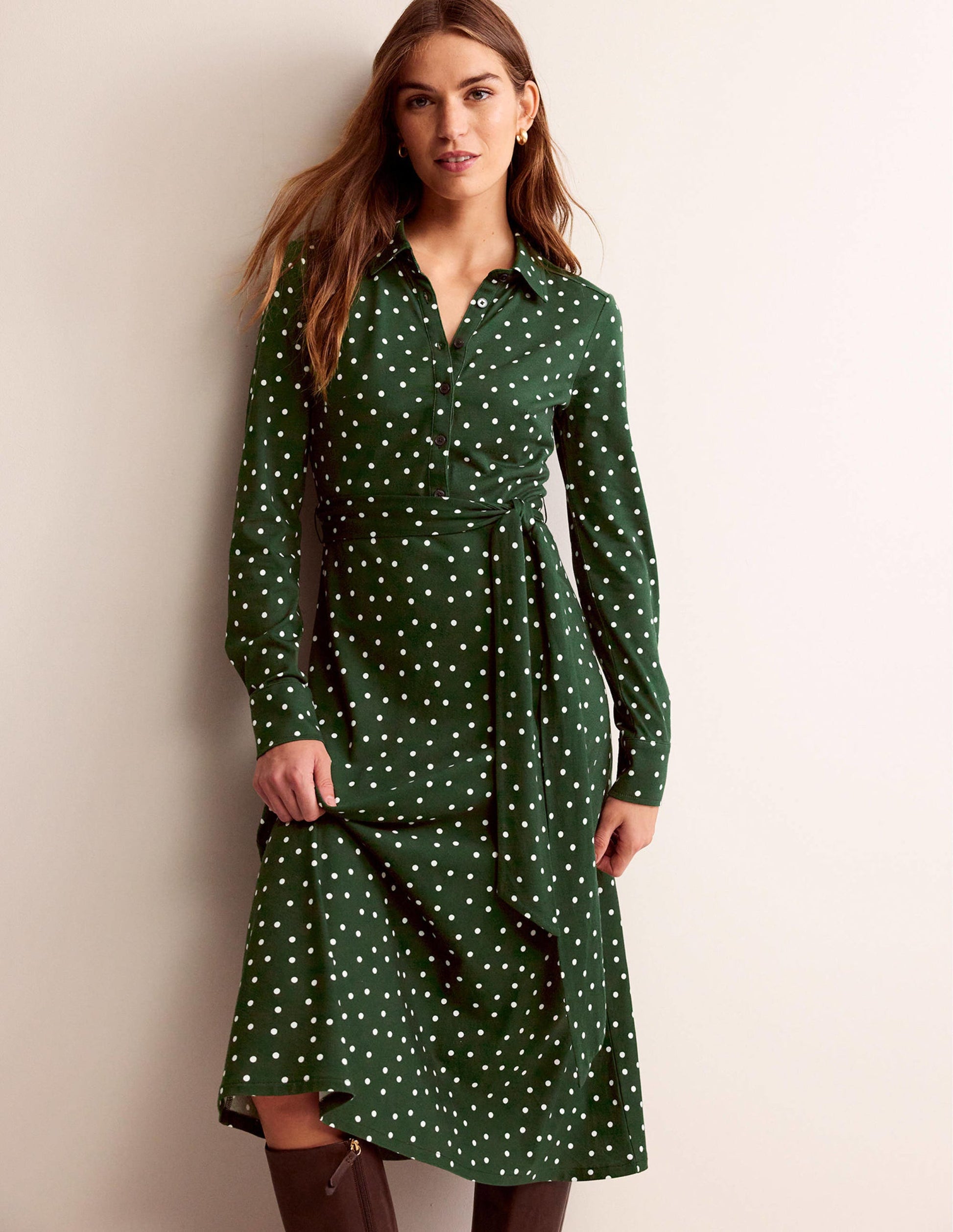 Laura Midi-Hemdblusenkleid aus Jersey-Dunkles Smaragdgrün, Spaced Dot-1
