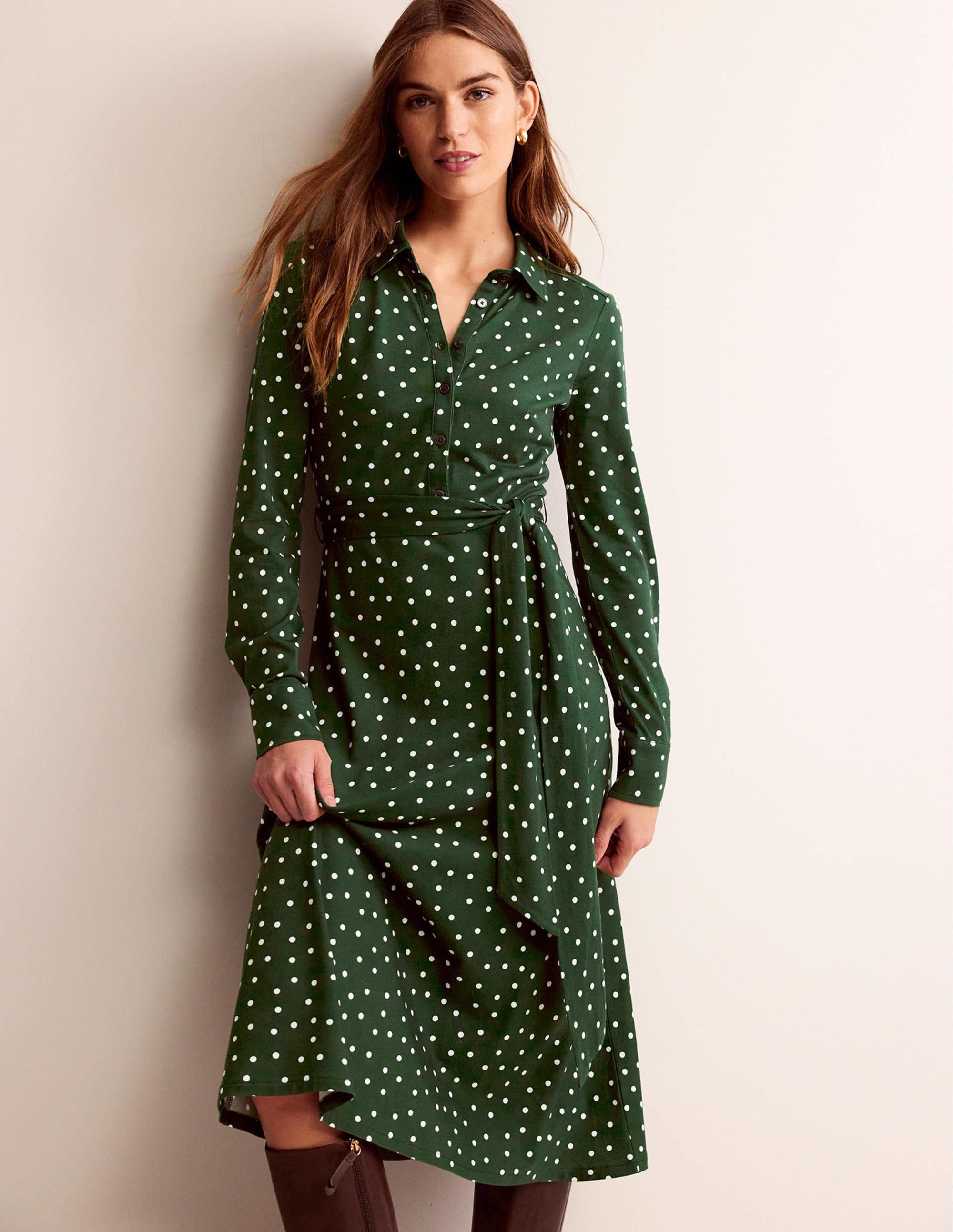 Laura Midi-Hemdblusenkleid aus Jersey-Dunkles Smaragdgrün, Spaced Dot - Image 1