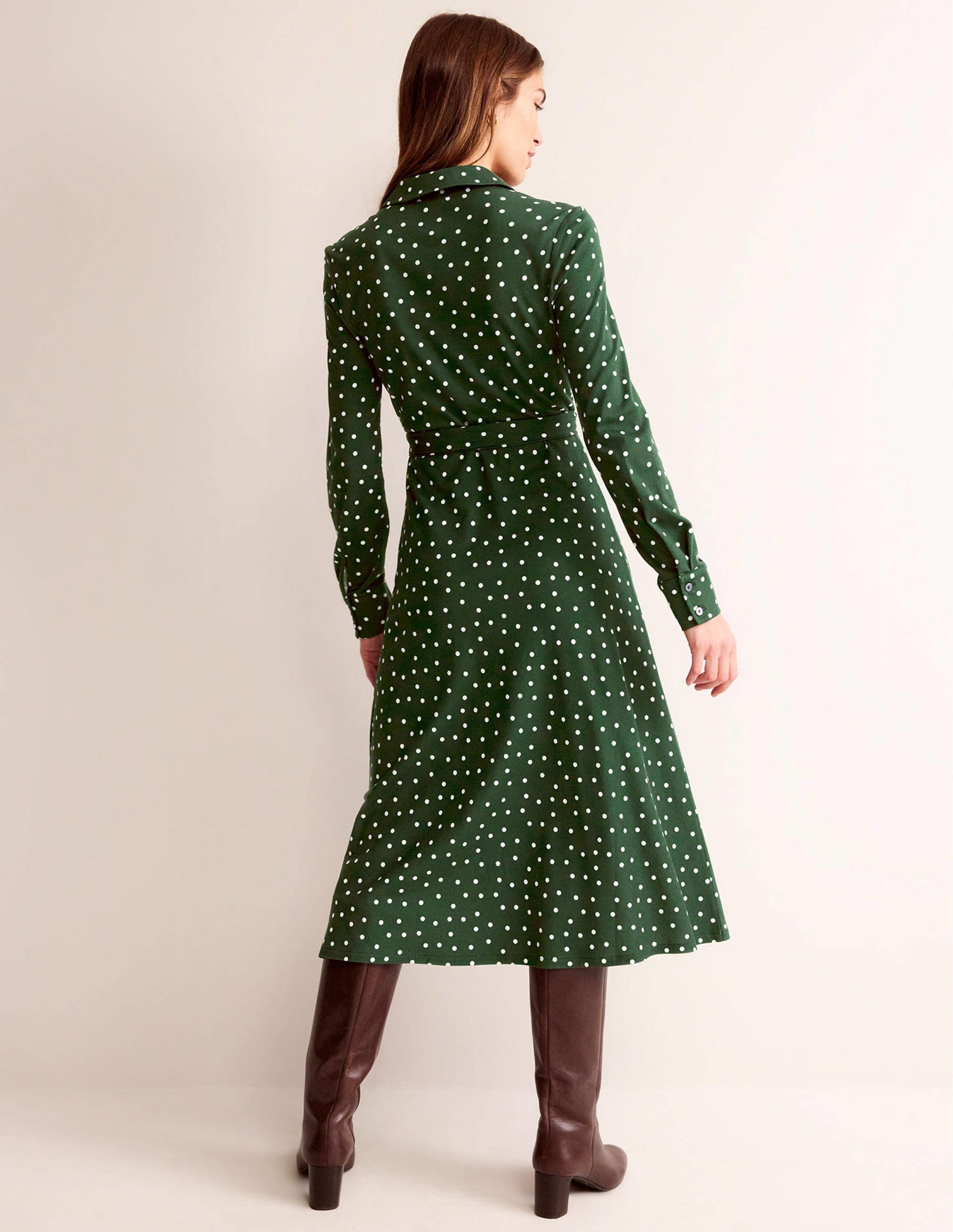 Laura Midi-Hemdblusenkleid aus Jersey-Dunkles Smaragdgrün, Spaced Dot-3