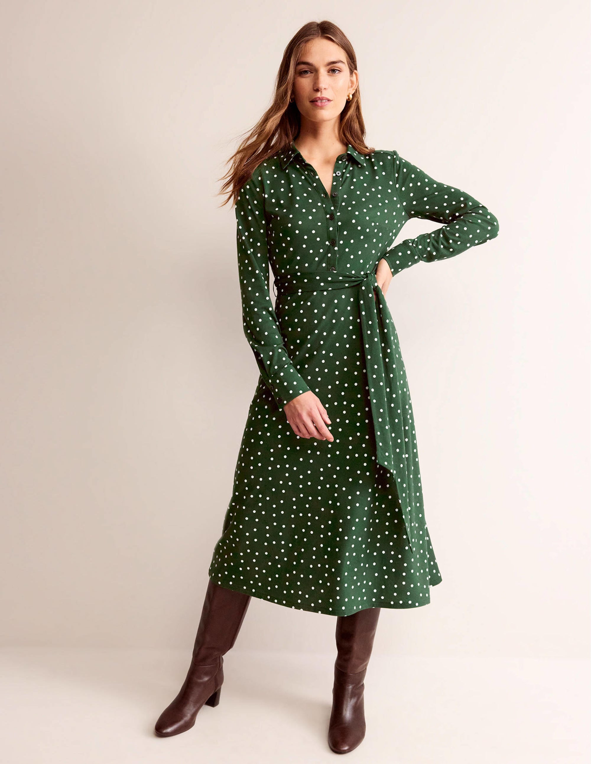 Laura Midi-Hemdblusenkleid aus Jersey-Dunkles Smaragdgrün, Spaced Dot - Image 4