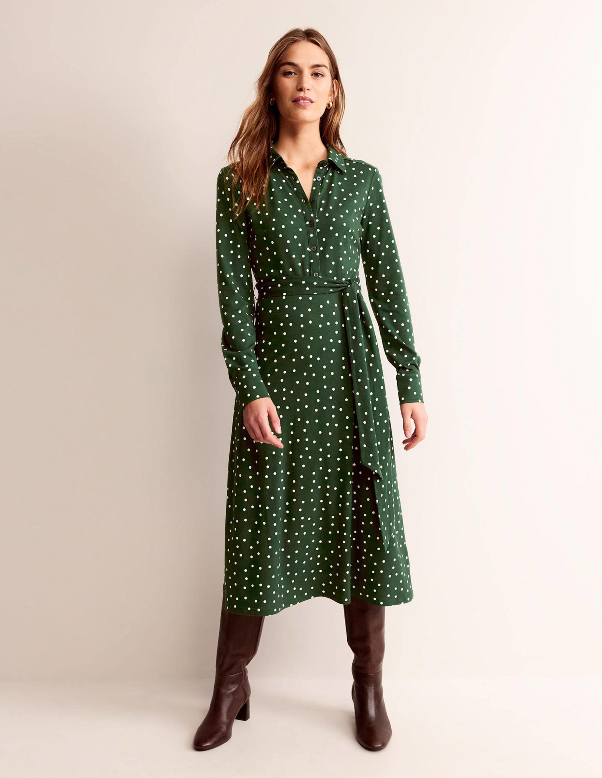 Laura Midi-Hemdblusenkleid aus Jersey-Dunkles Smaragdgrün, Spaced Dot - Image 5