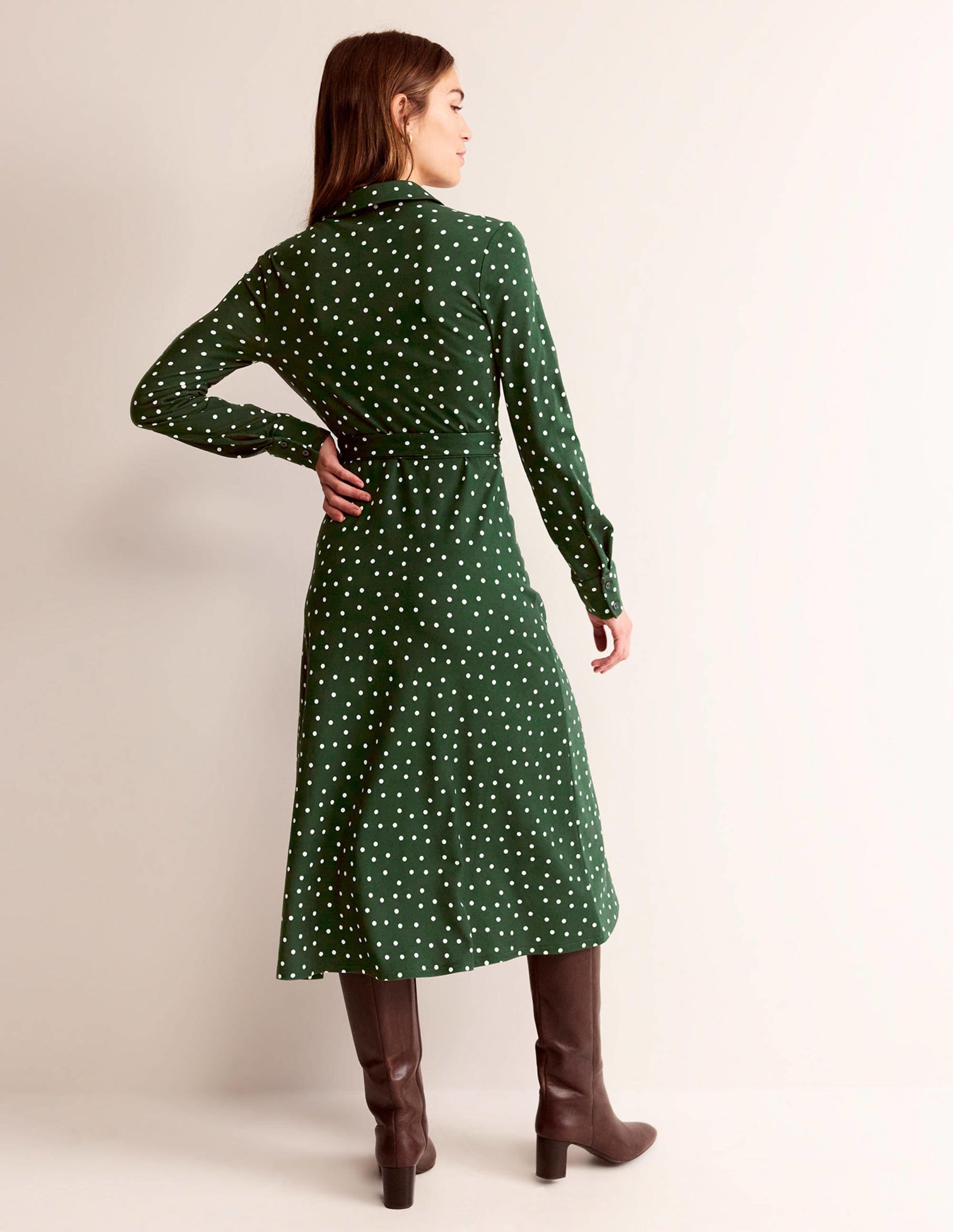 Laura Midi-Hemdblusenkleid aus Jersey-Dunkles Smaragdgrün, Spaced Dot - Image 6