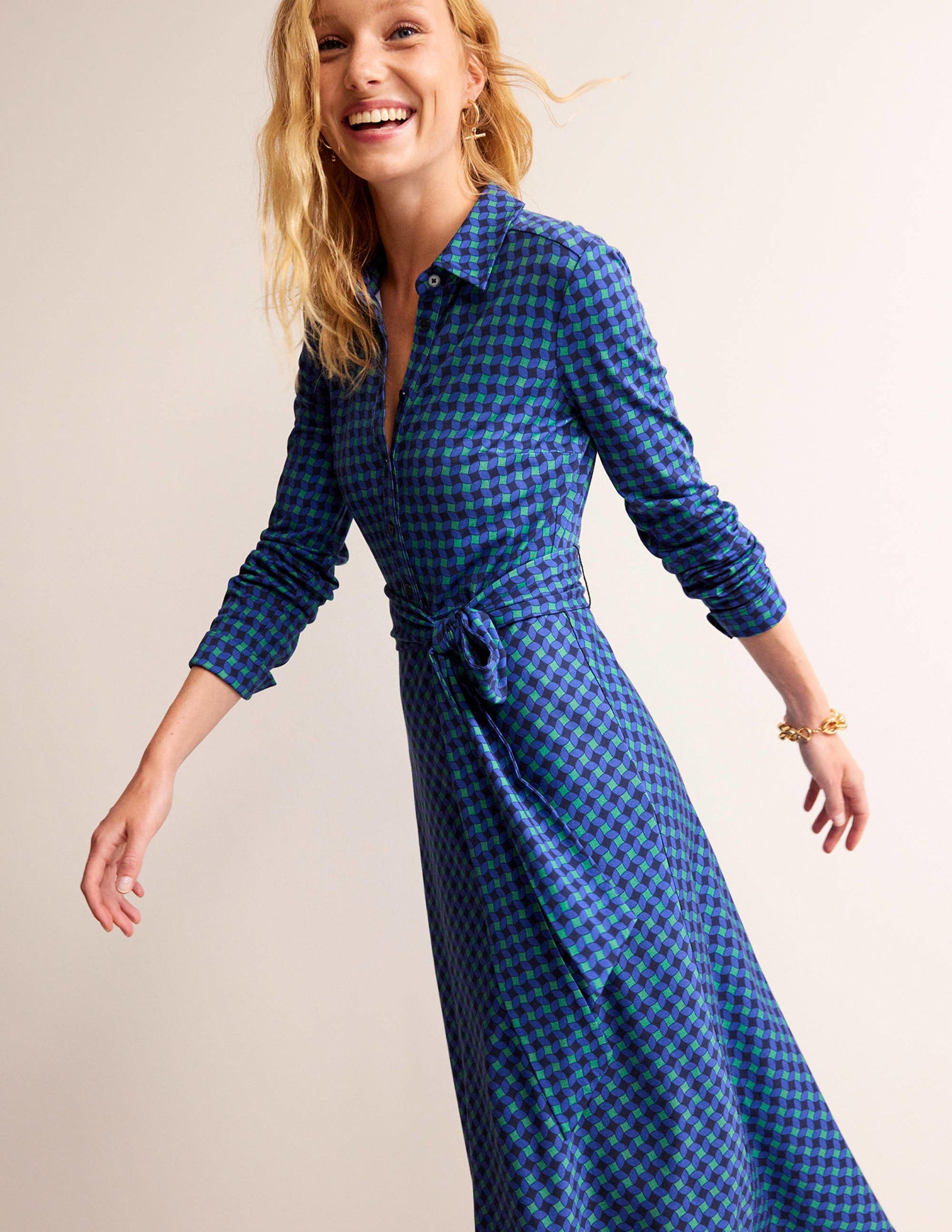 Robe-chemise midi Laura en jersey-Vert, motif Abstract Diamond-1