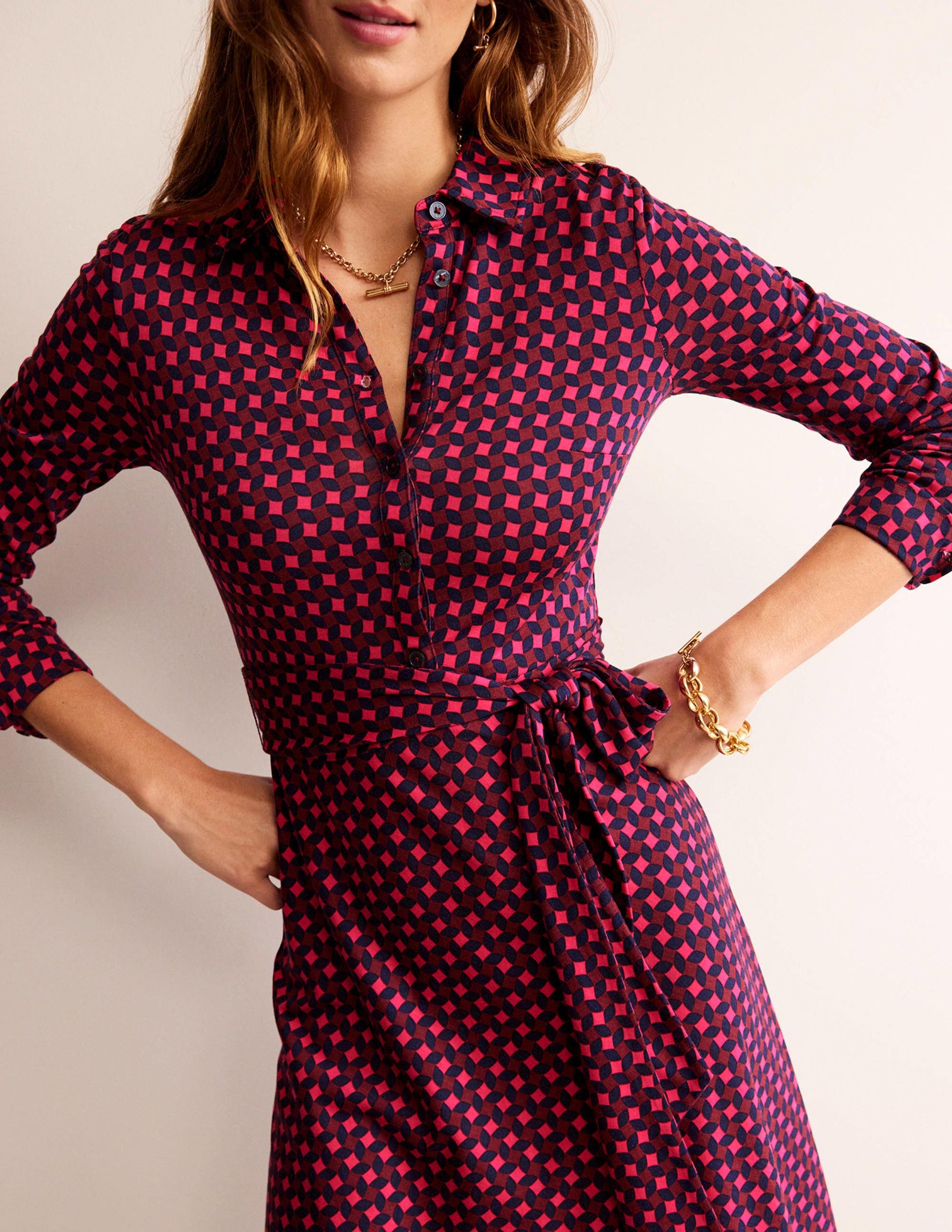 Laura Jersey Midi Shress-Vibrant Pink, Abstract Diamond-2