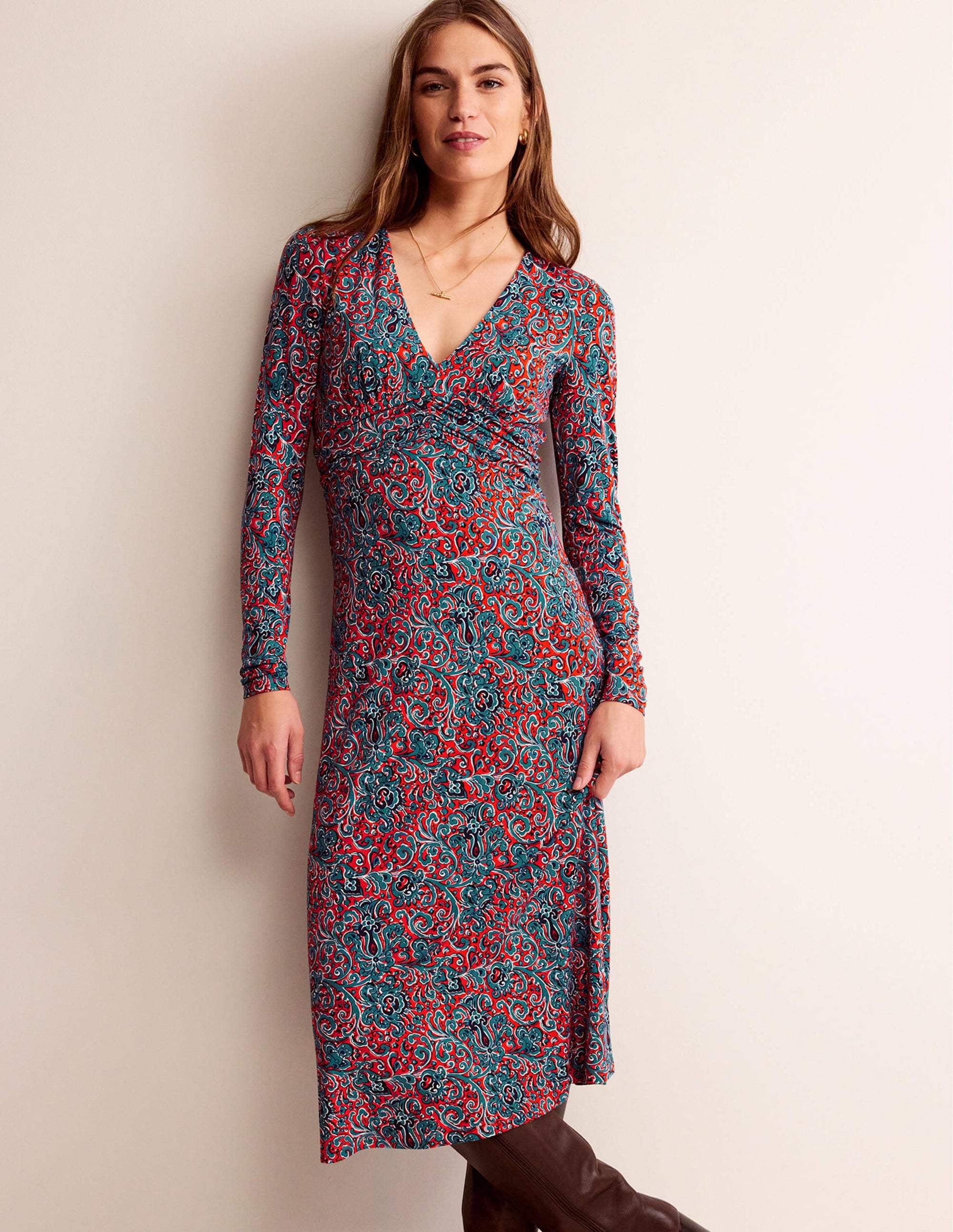 Robe midi Elodie à taille empire-Orange fiesta, motif Botanic Terrace - Image 4
