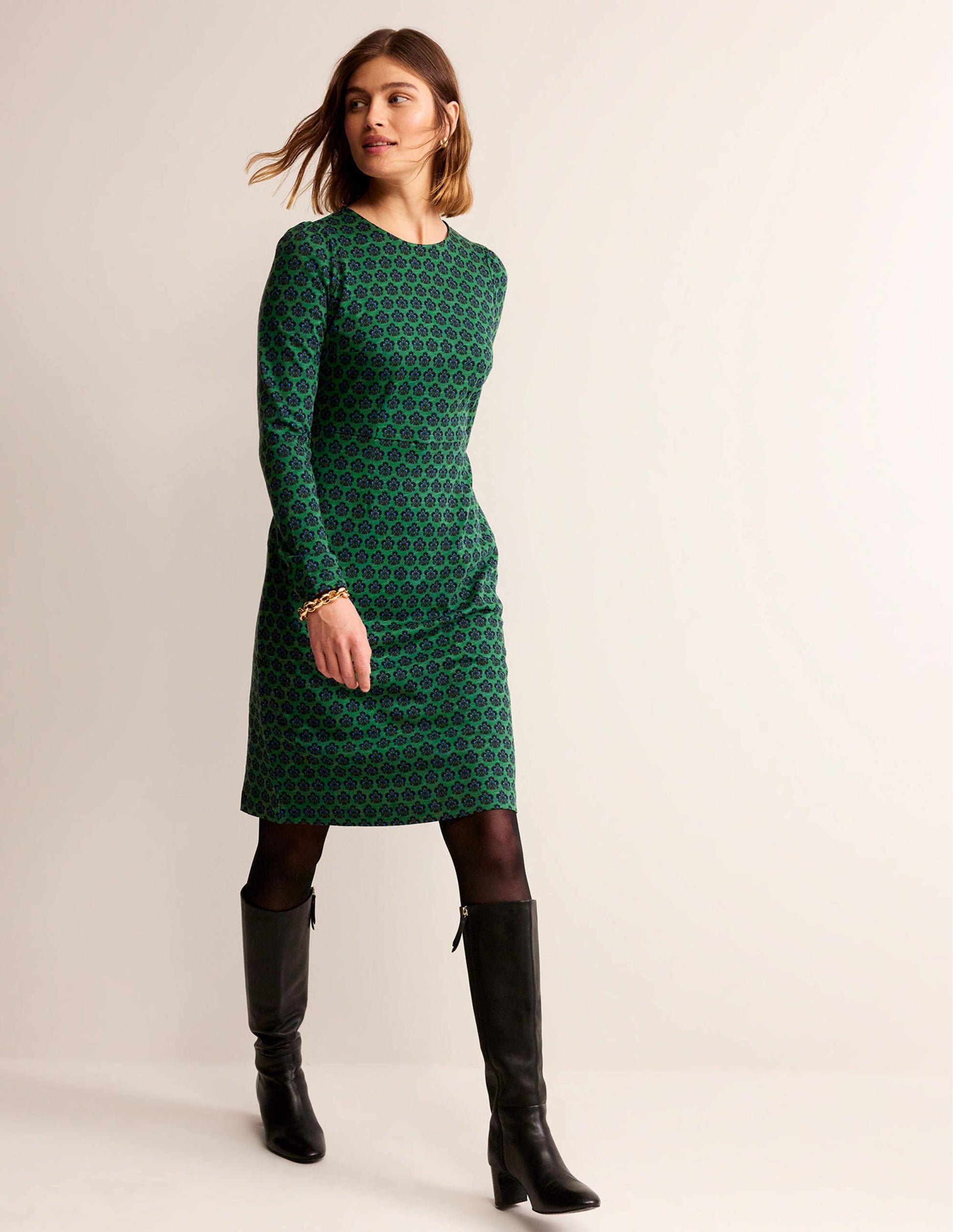 Penelope Jersey-Kleid-Amazonasgrün, Nelken Stempel-1