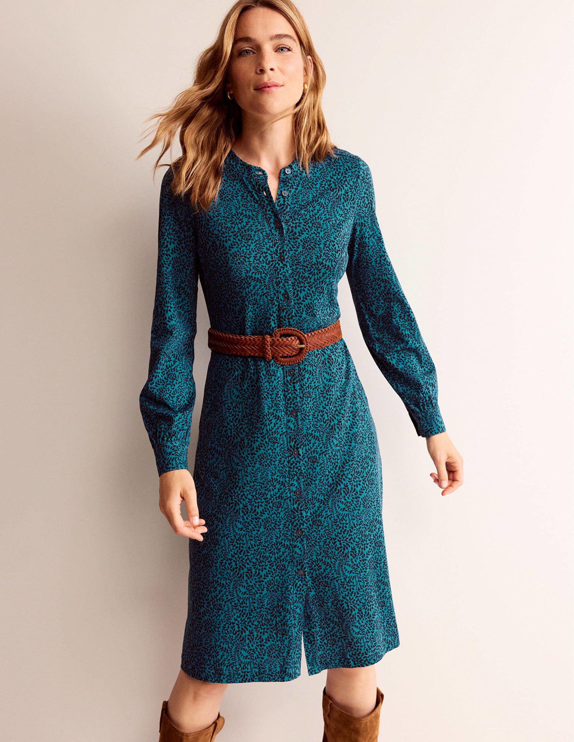Julia Hemdblusenkleid aus Jersey-Blaugrün, Apfelzweig-4