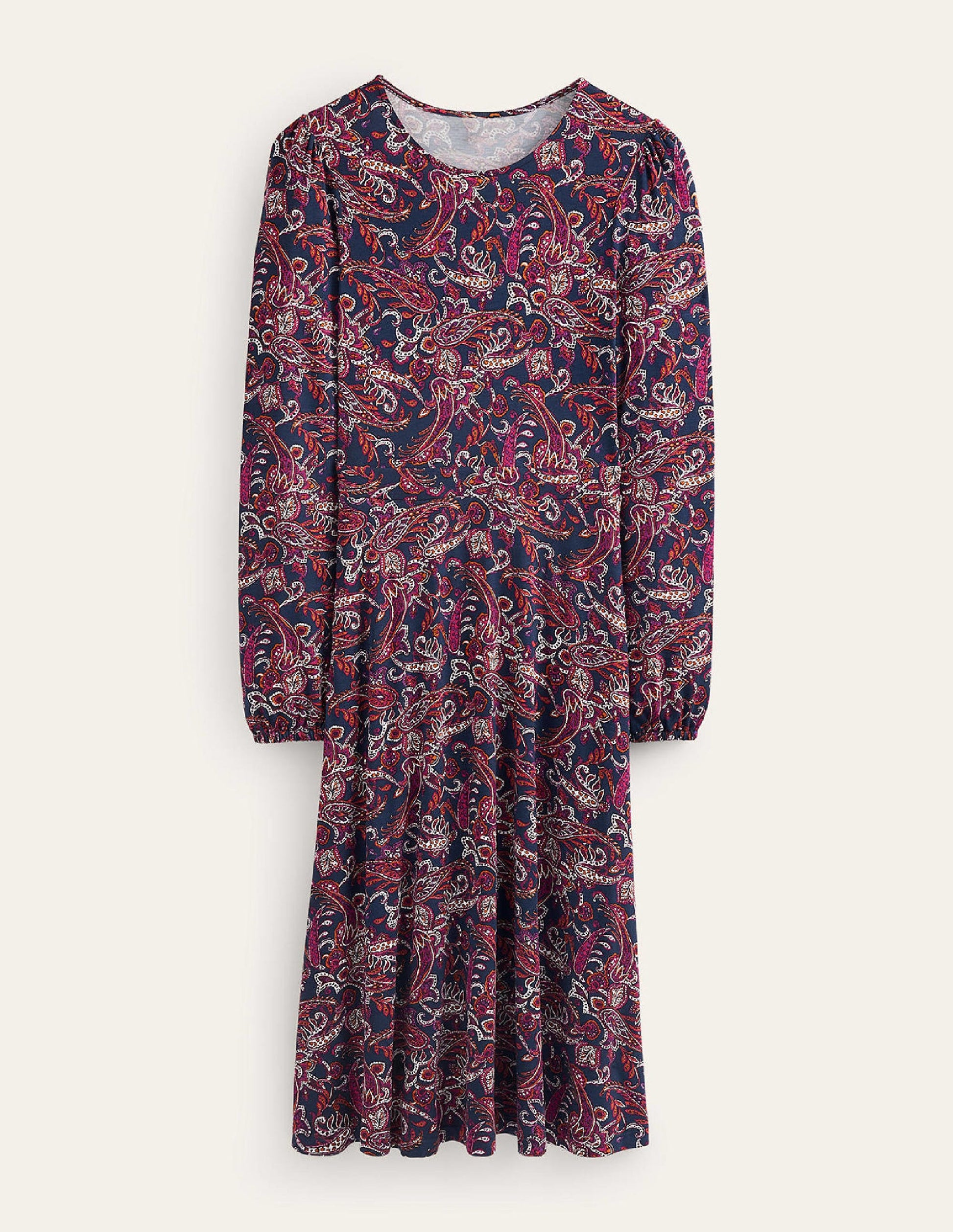 Robe midi Camille en jersey-Violet pensées, motif Paisley Lawn-6