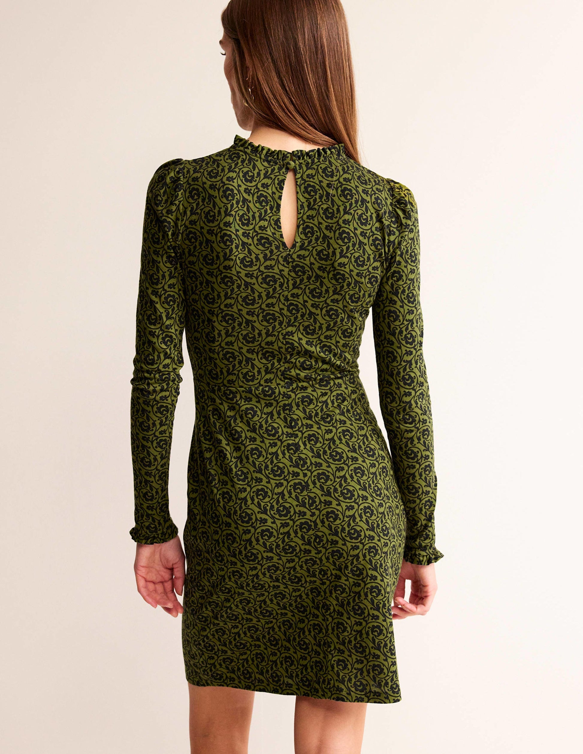 Minikleid mit Rüschendetail-Olivgrün, Schlüsselblumenwirbel-3