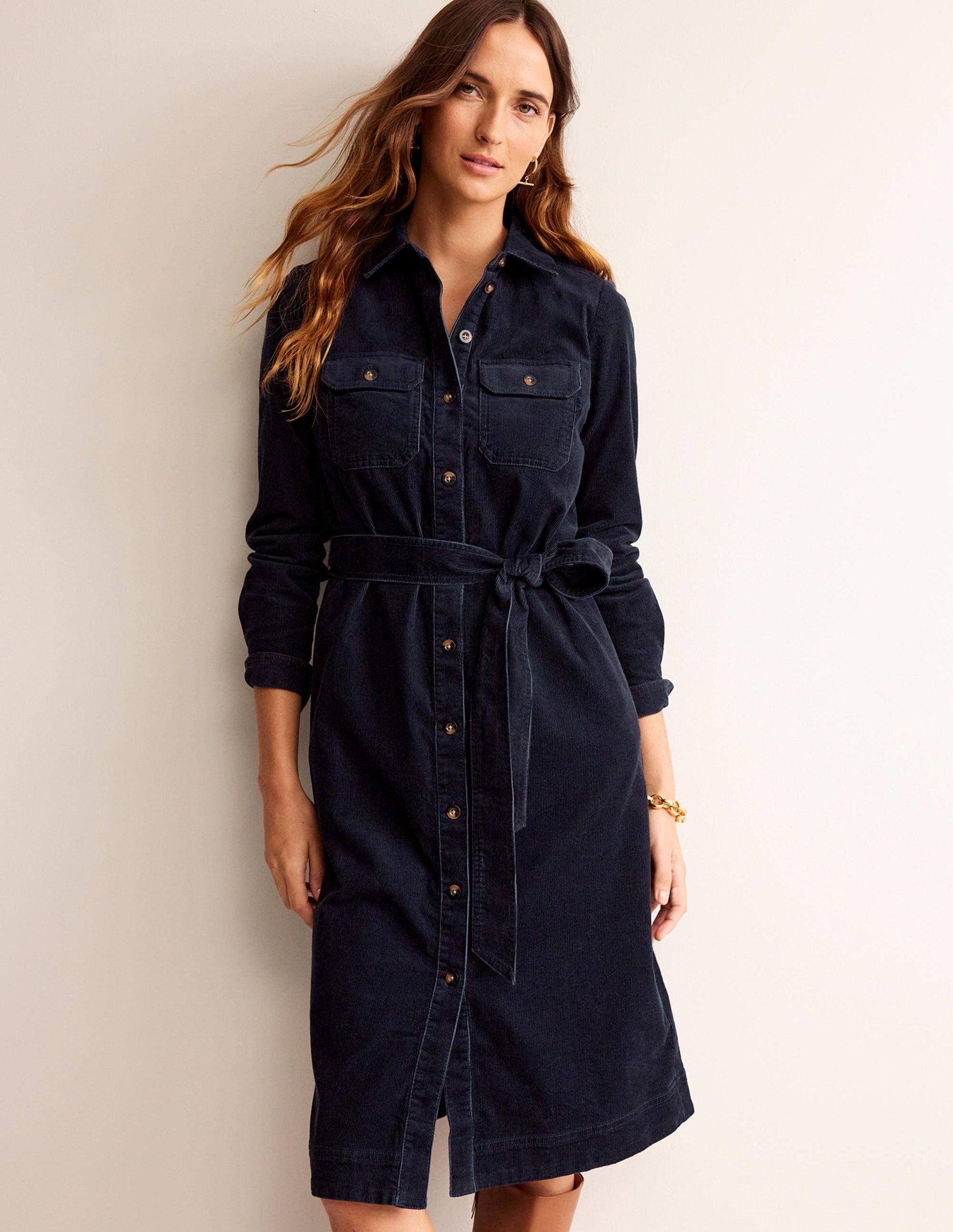 Eloise Midi-Hemdkleid aus Cord-Marineblau-1