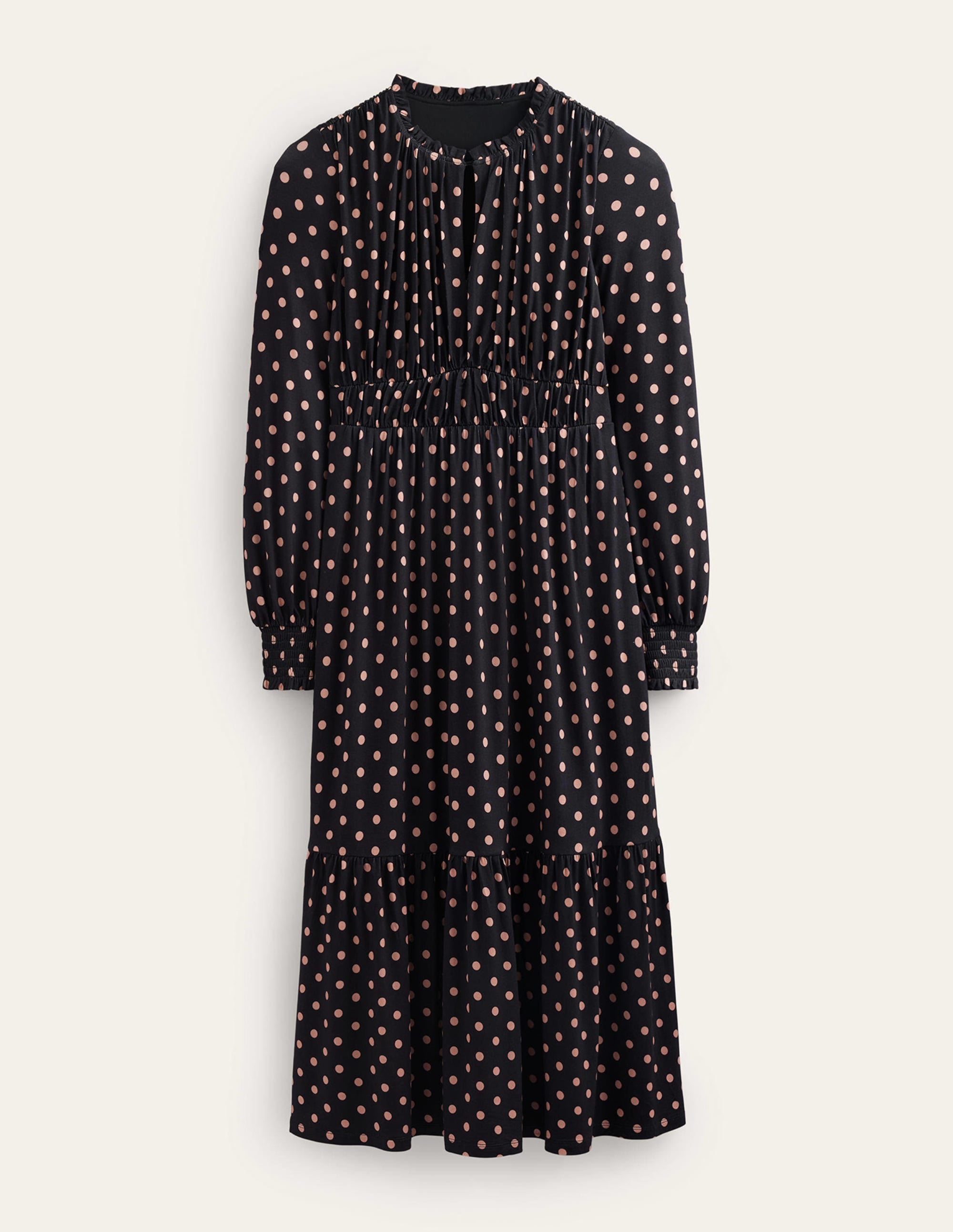 Robe midi froncée style 40s en jersey-Noir, pois - Image 7
