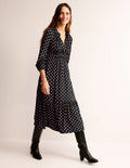 Robe midi froncée style 40s en jersey-Noir, pois