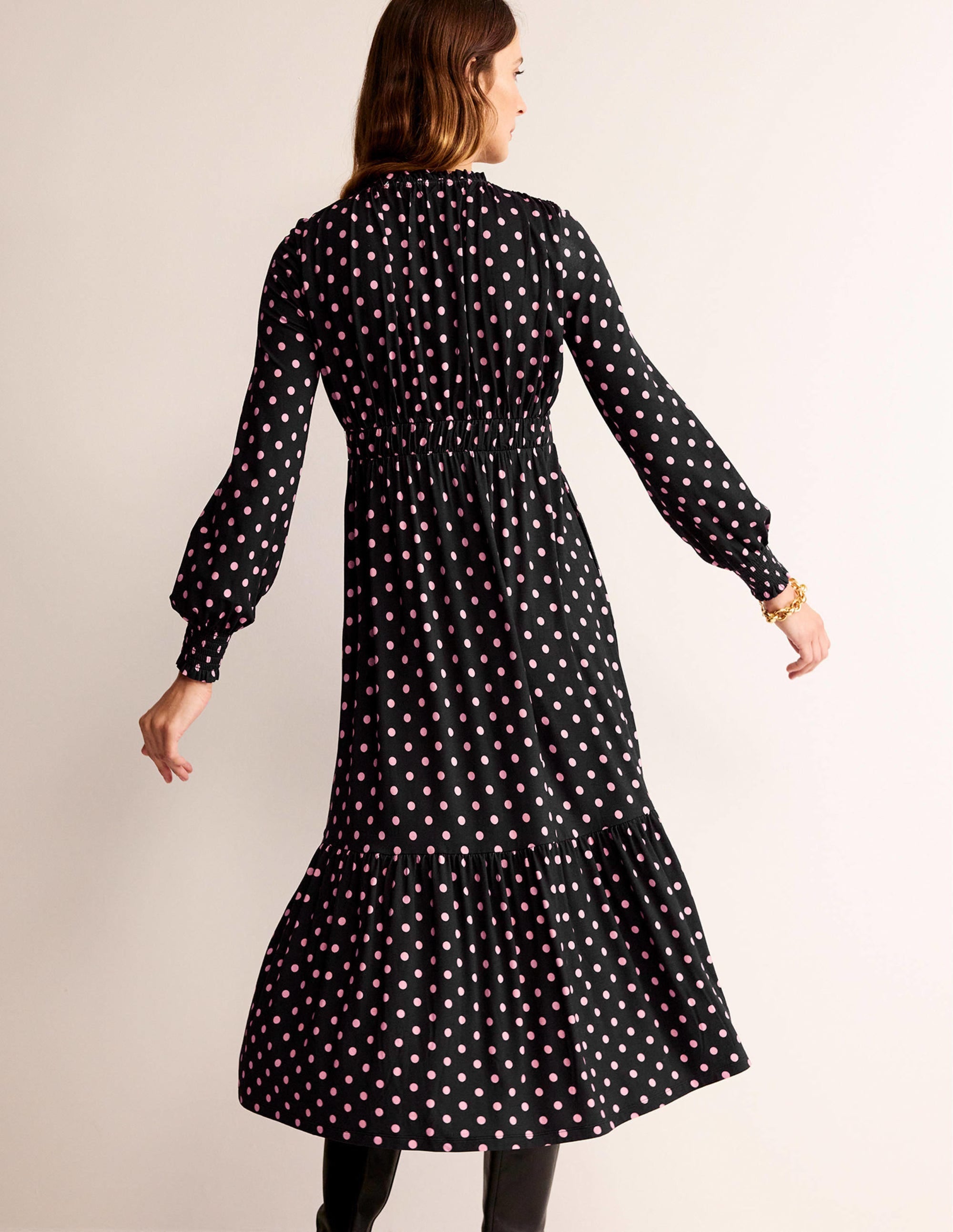 Robe midi froncée style 40s en jersey-Noir, pois - Image 3