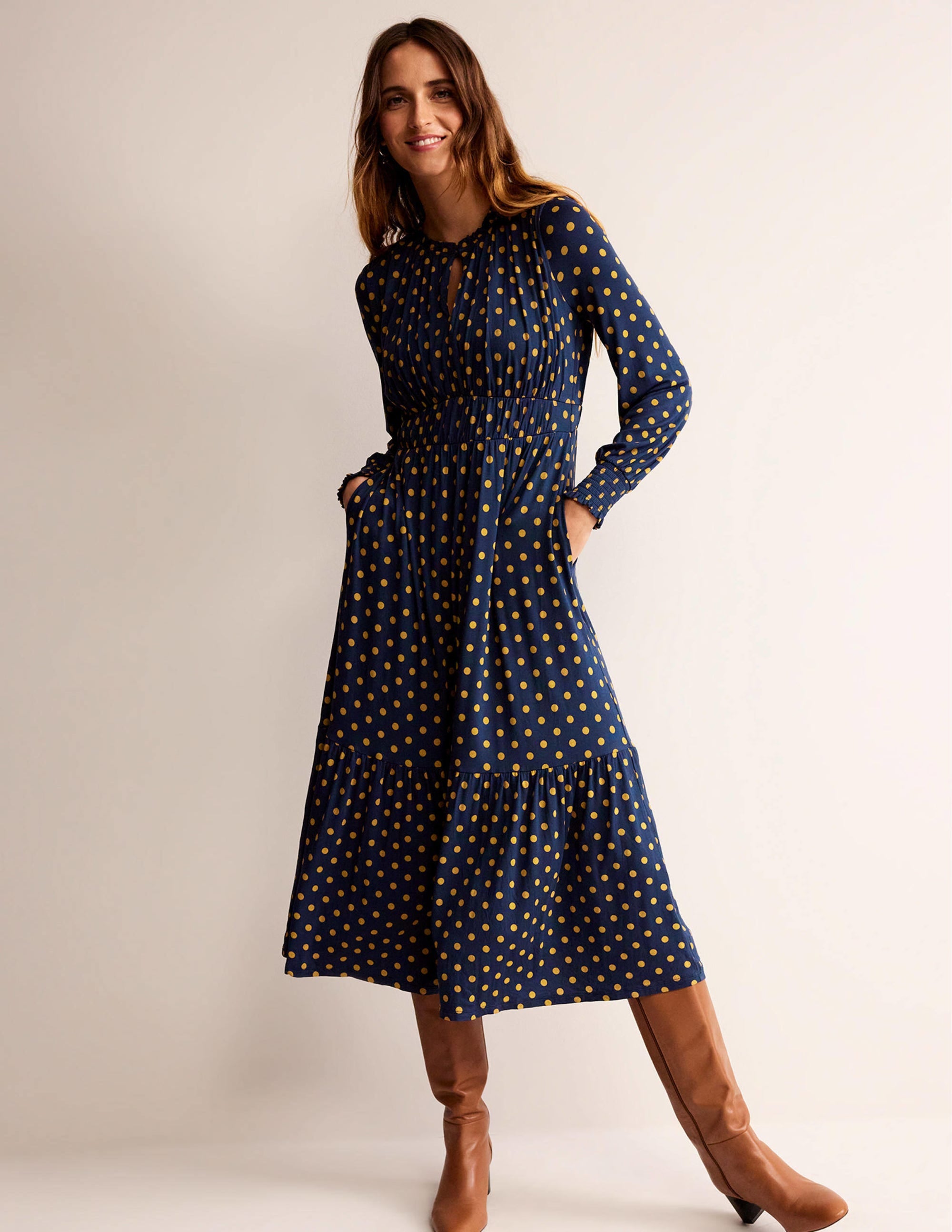 Rosanna Long Sleeve Tea Dress-French Navy, Spot - Image 1