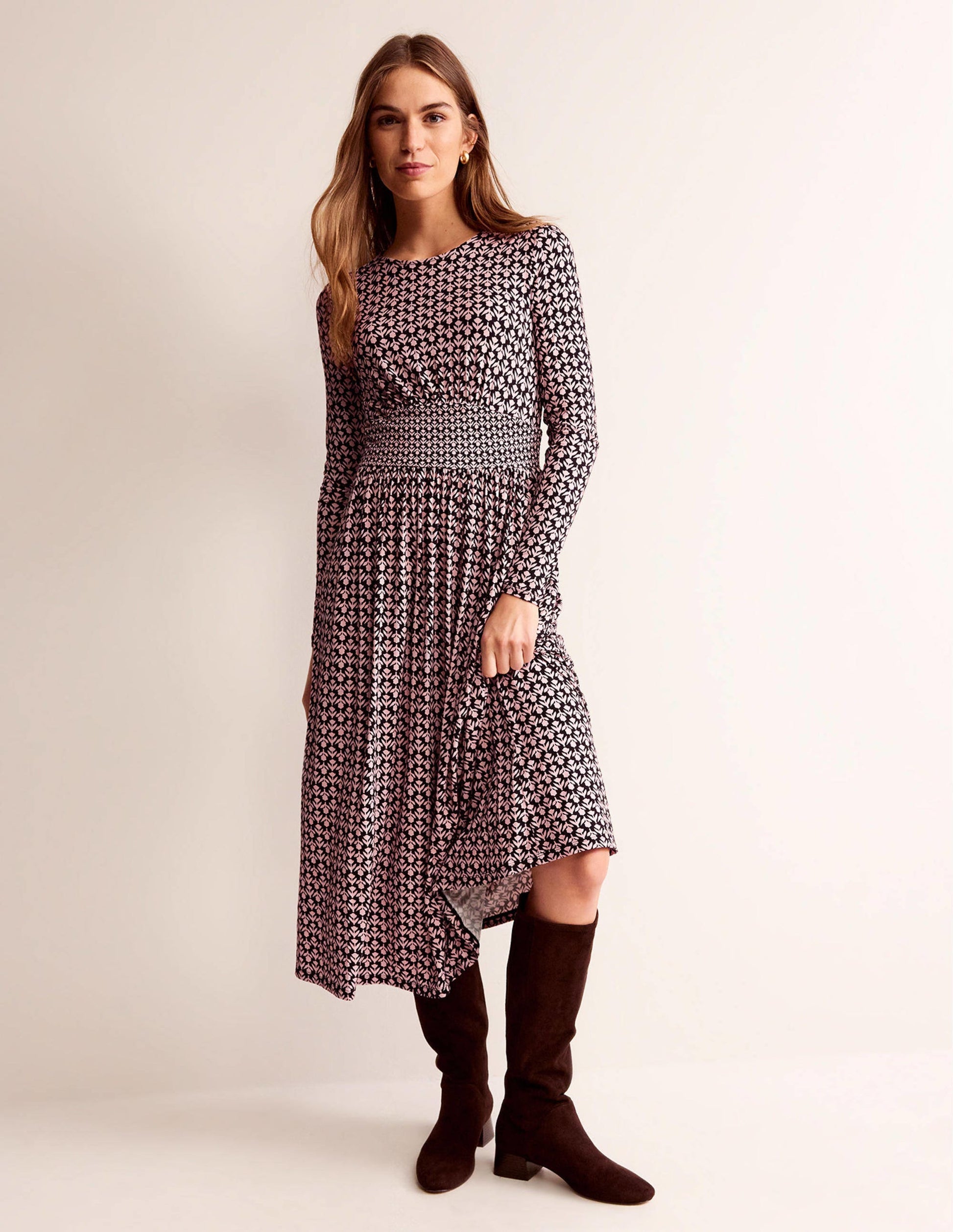 Robe midi Thea en jersey à manches longues-Noir et milkshake, motif Tulip Pop-1