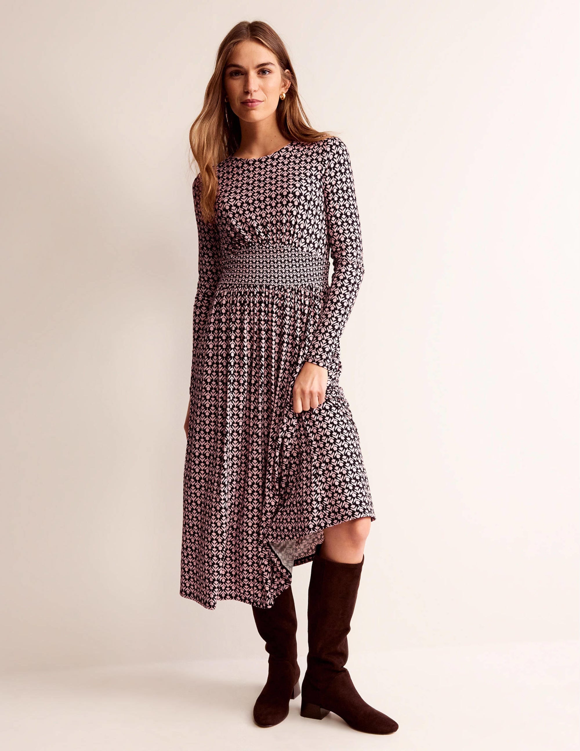 Robe midi Thea en jersey à manches longues-Noir et milkshake, motif Tulip Pop - Image 1