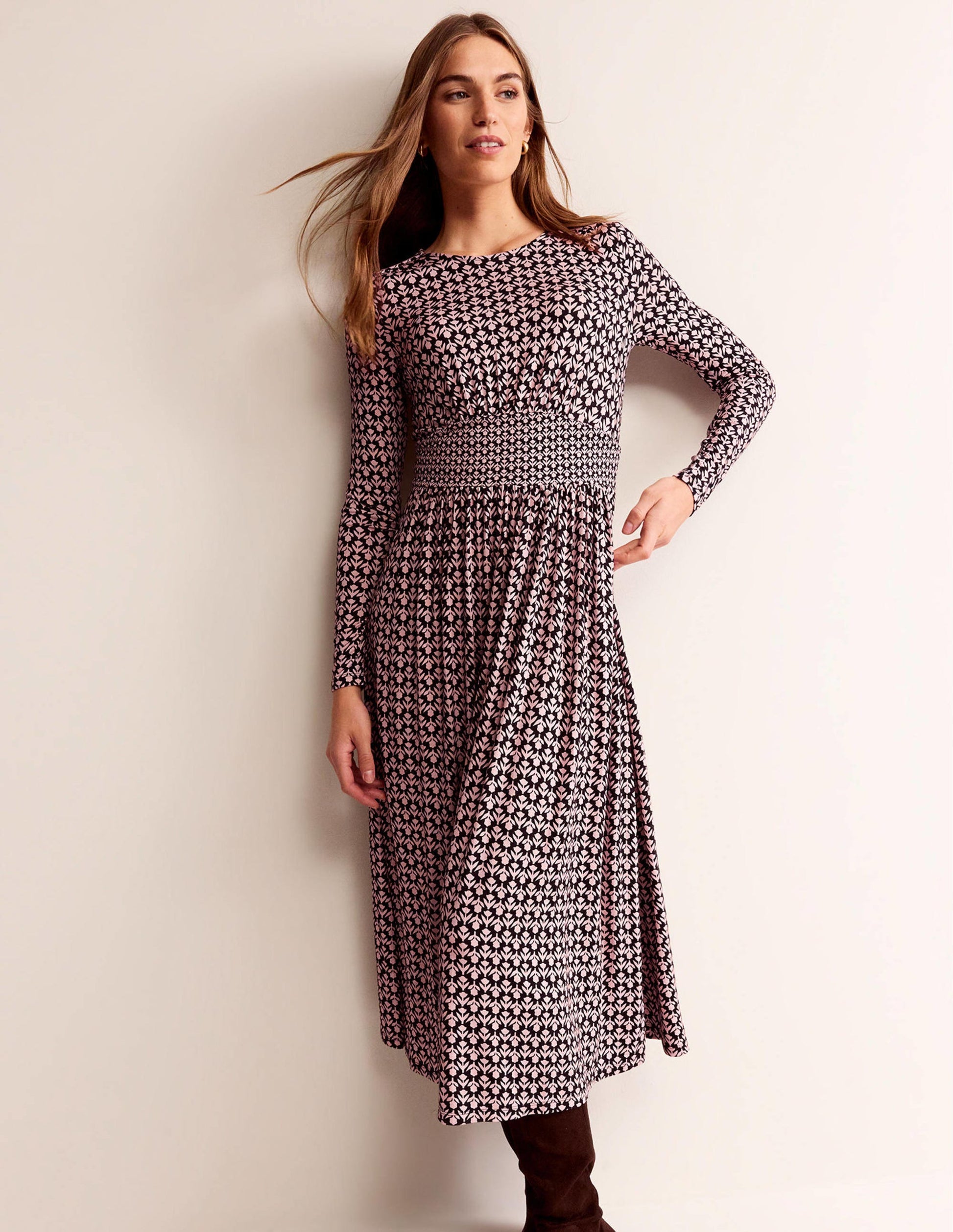 Robe midi Thea en jersey à manches longues-Noir et milkshake, motif Tulip Pop-4