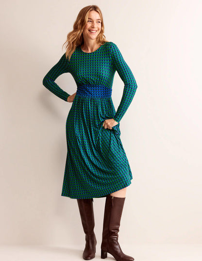 Thea Jersey-Midikleid mit langen Ärmeln-Veridiangrün, Geo-Charm
