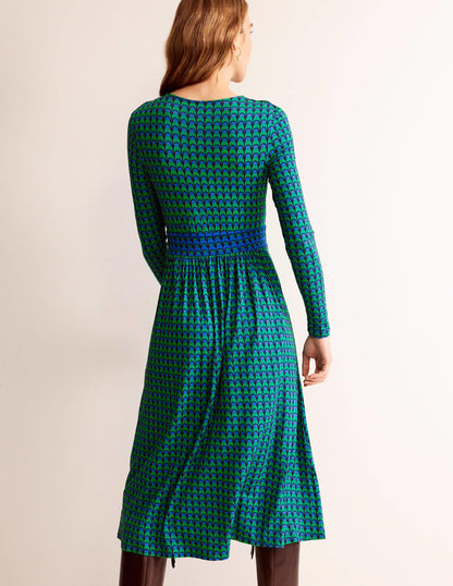 Thea Jersey-Midikleid mit langen Ärmeln-Veridiangrün, Geo-Charm