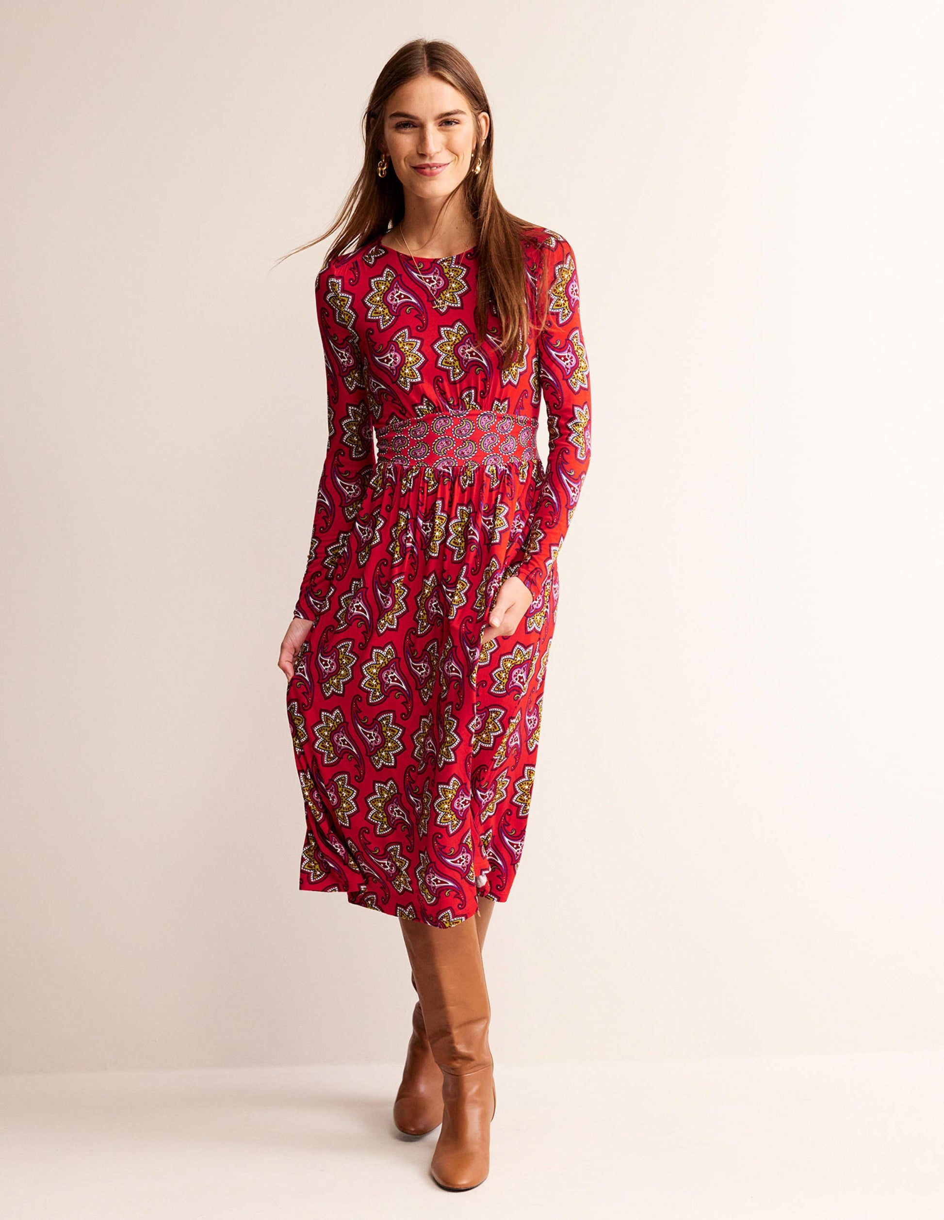 Thea Jersey-Midikleid mit langen Ärmeln-Rot, Paisley-Amaryllis-1