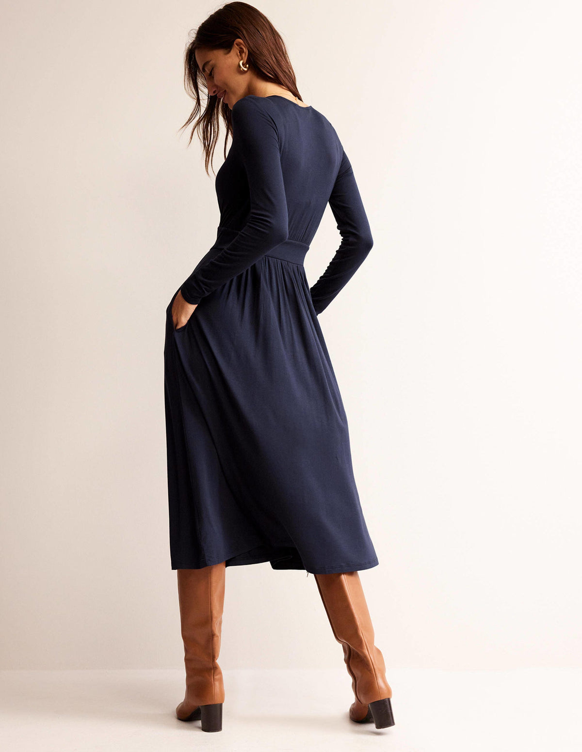 Thea Jersey-Midikleid mit langen Ärmeln-Marineblau-3