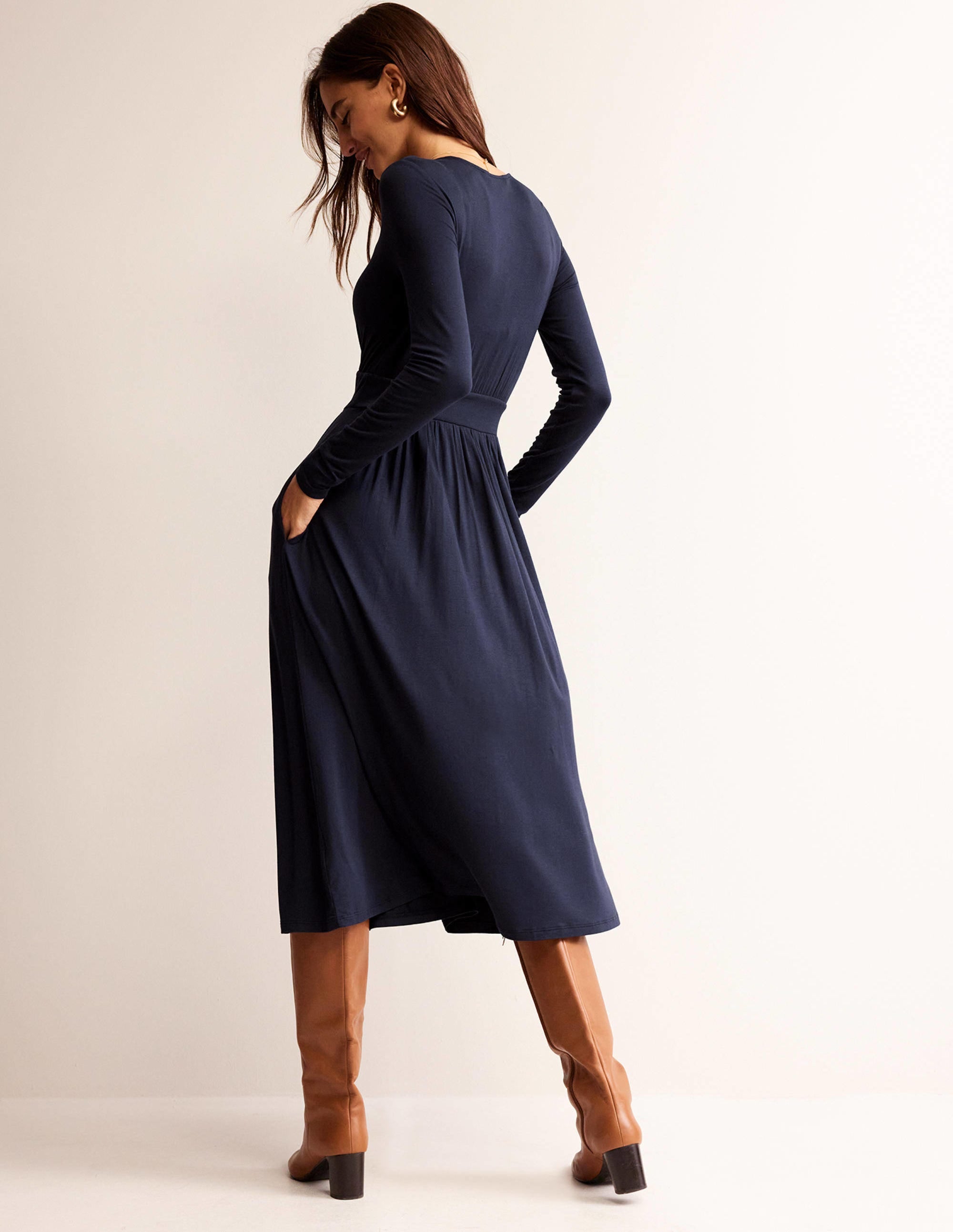 Thea Jersey-Midikleid mit langen Ärmeln-Marineblau - Image 3