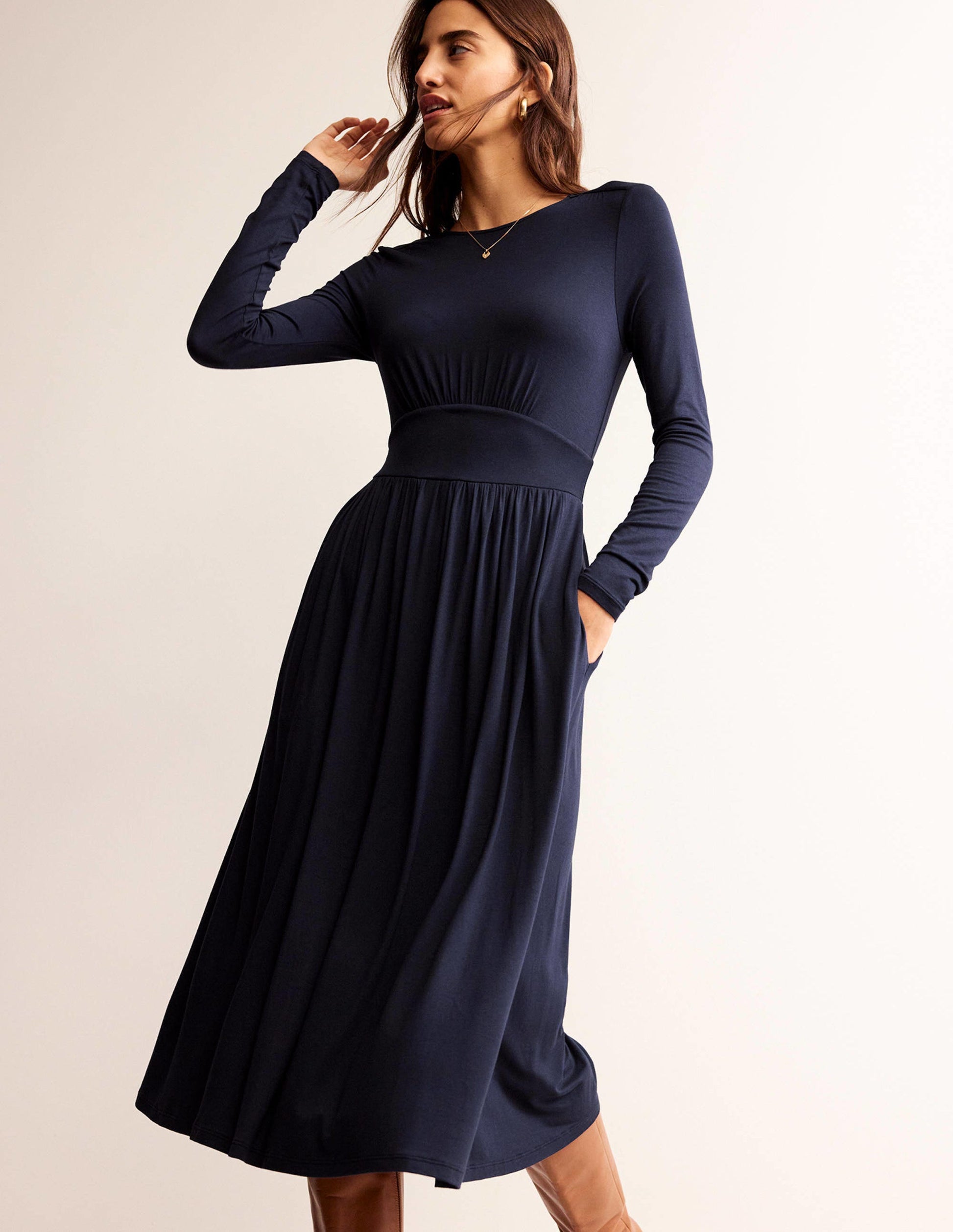 Thea Jersey-Midikleid mit langen Ärmeln-Marineblau-4