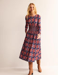 Thea Jersey-Midikleid mit langen Ärmeln-Französisches Marineblau, Paisley-Amaryllis