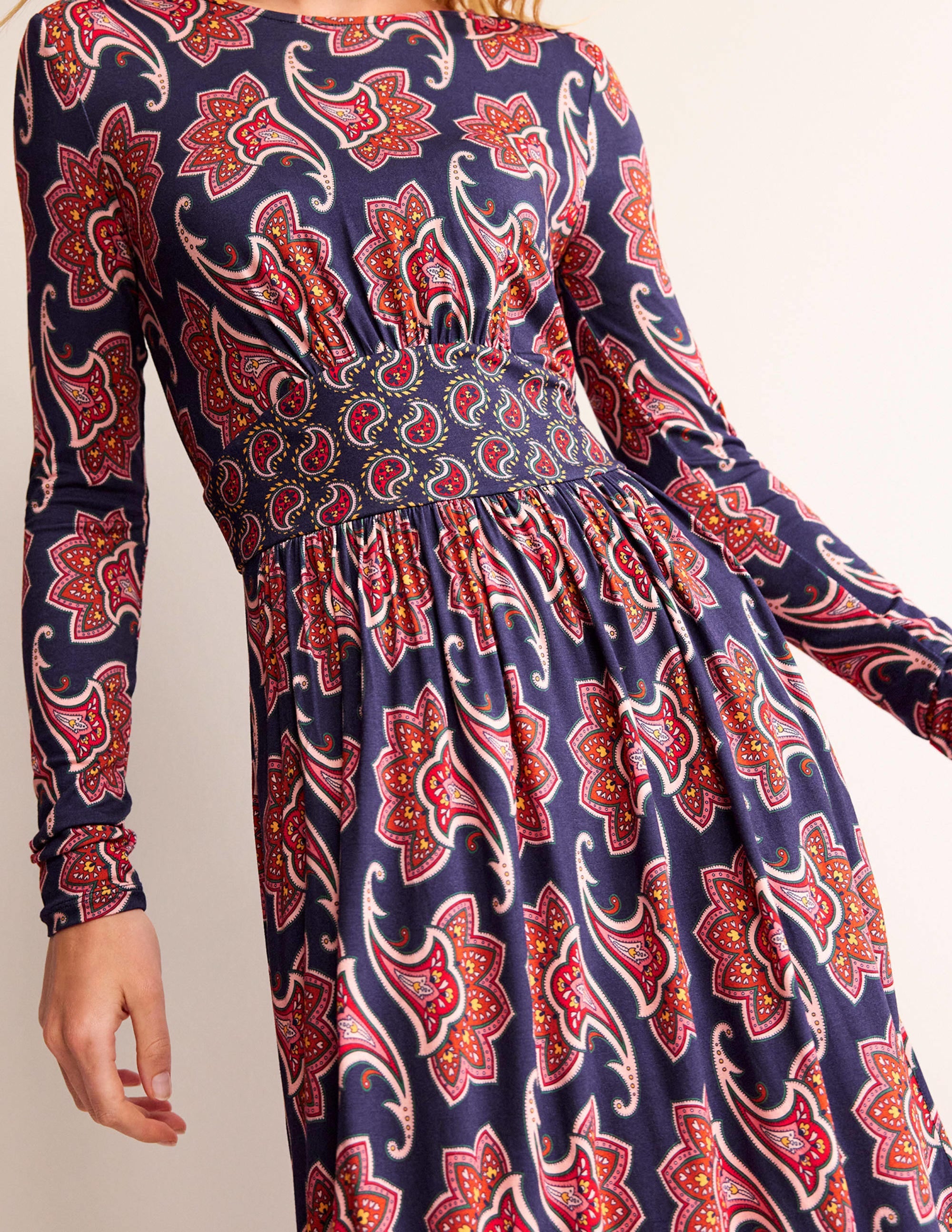 Thea Jersey-Midikleid mit langen Ärmeln-Französisches Marineblau, Paisley-Amaryllis - Image 2