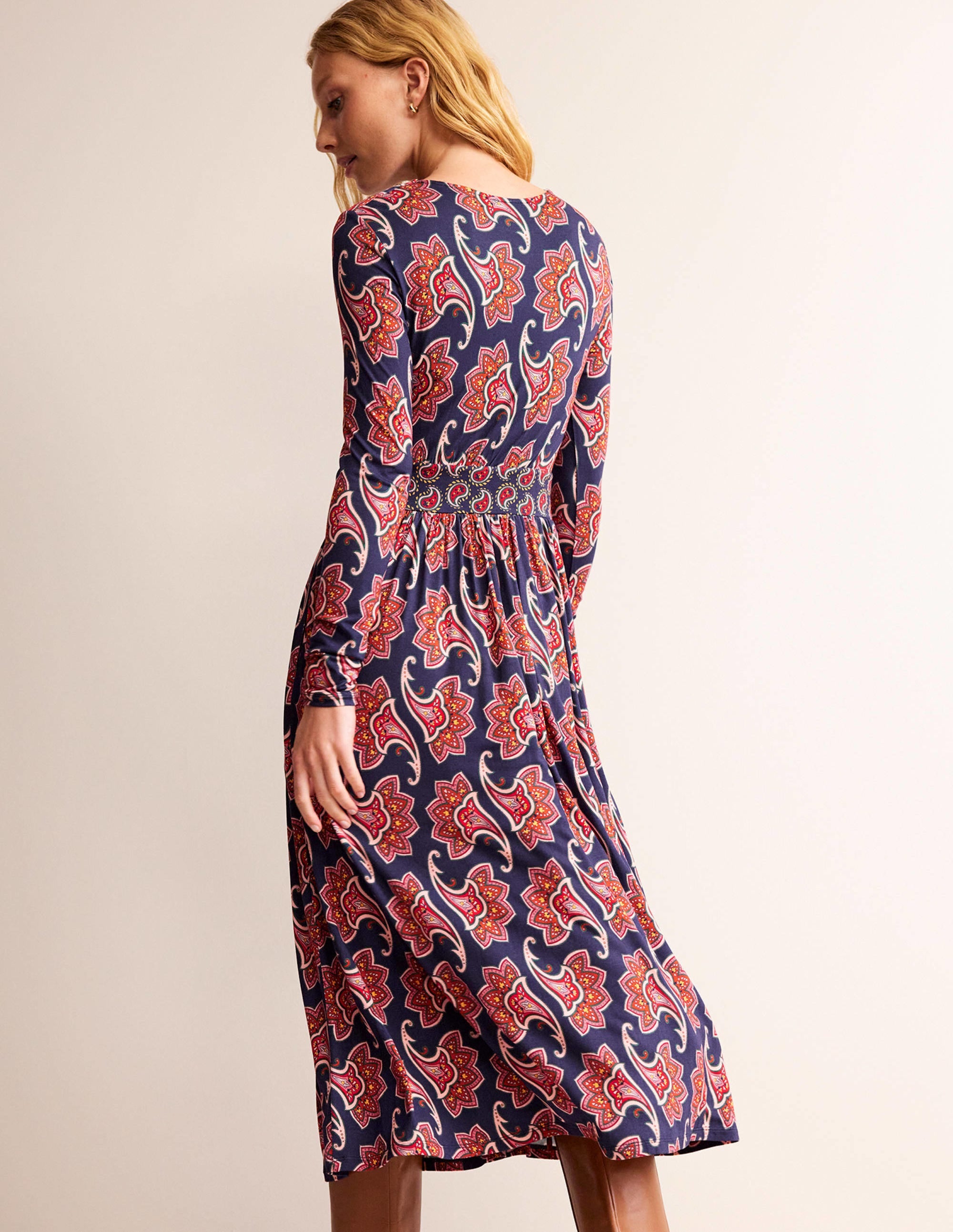 Thea Jersey-Midikleid mit langen Ärmeln-Französisches Marineblau, Paisley-Amaryllis - Image 3